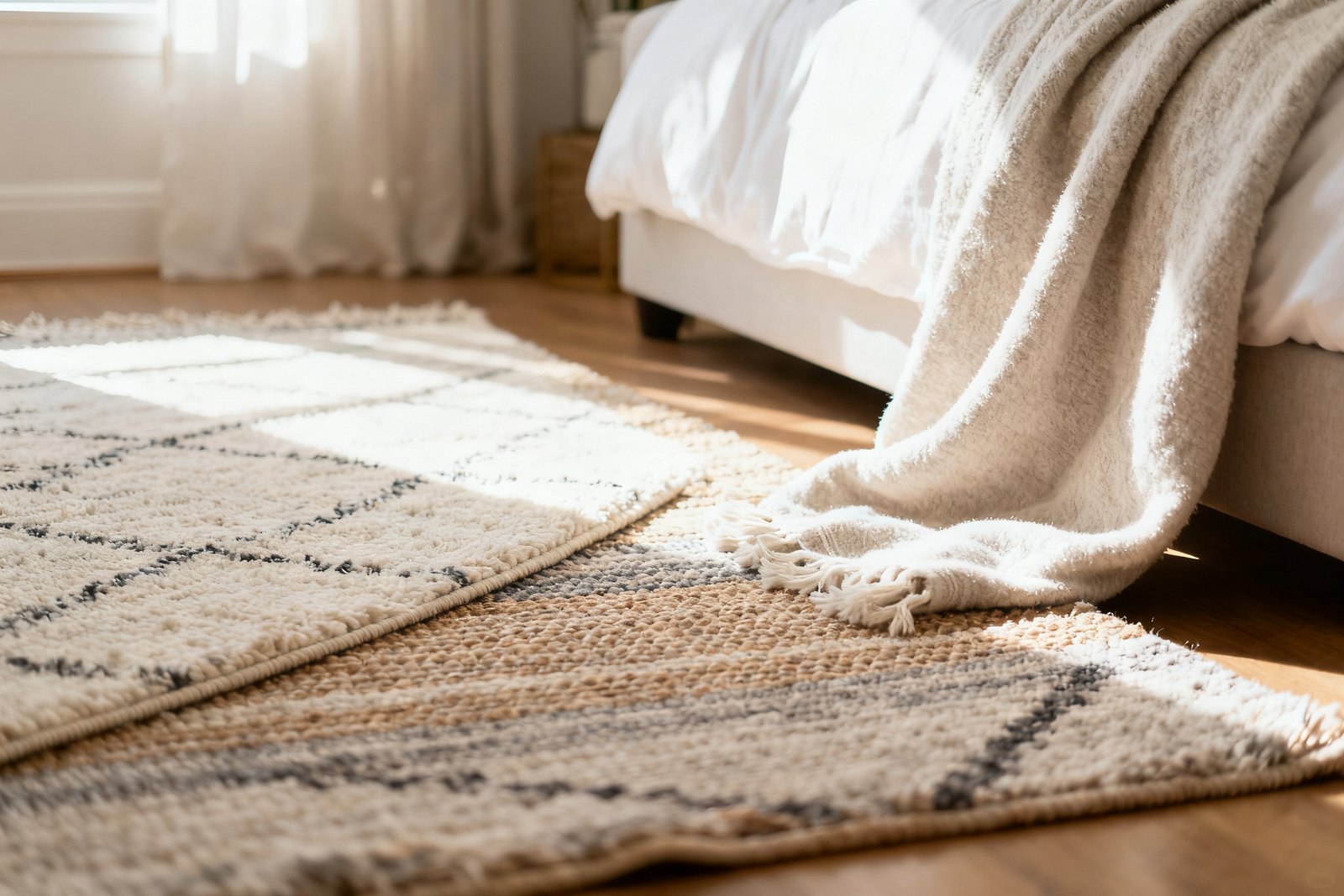 Layered rugs and a soft blanket creating a cozy textured floor