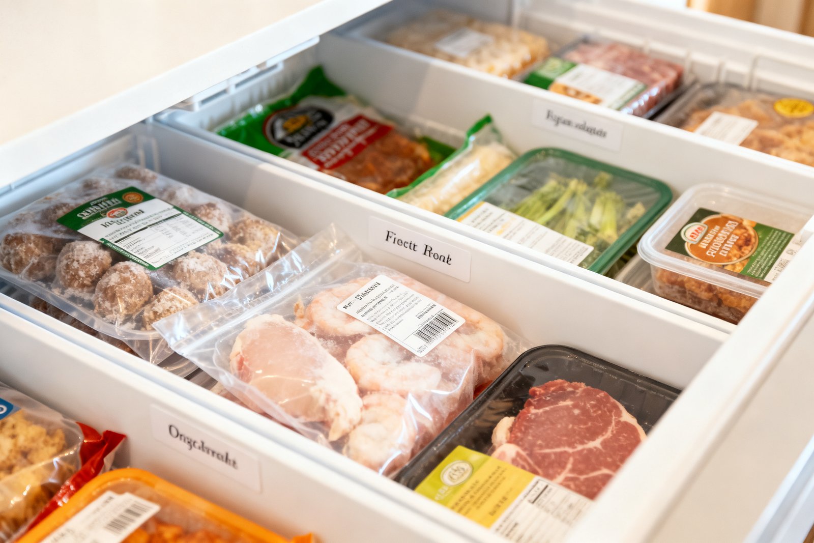 Labeled freezer bins holding organized frozen food