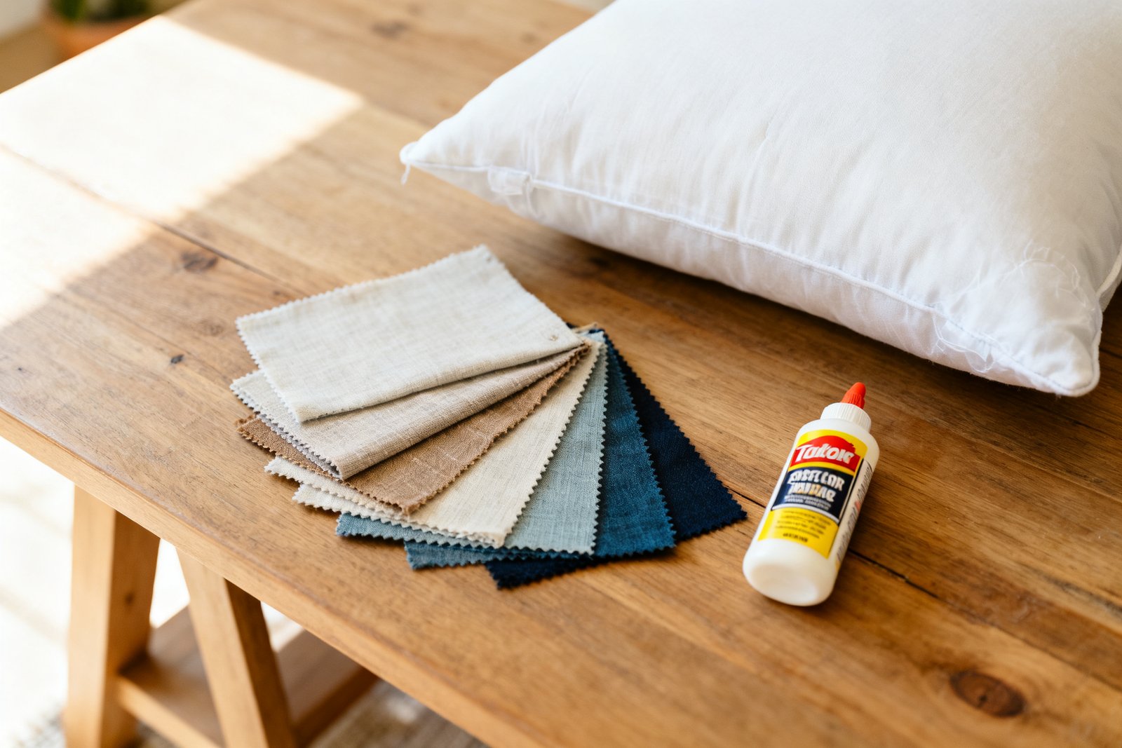 A flat lay of fabric swatches, a pillow insert, and fabric glue on a wood table