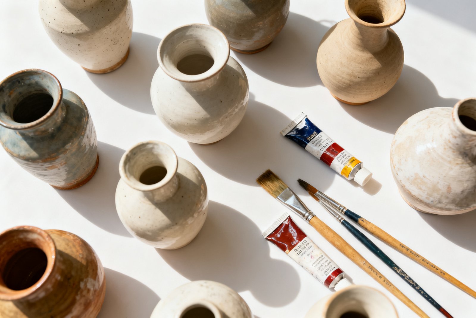 A flat lay of plain thrifted vases with paint and brushes