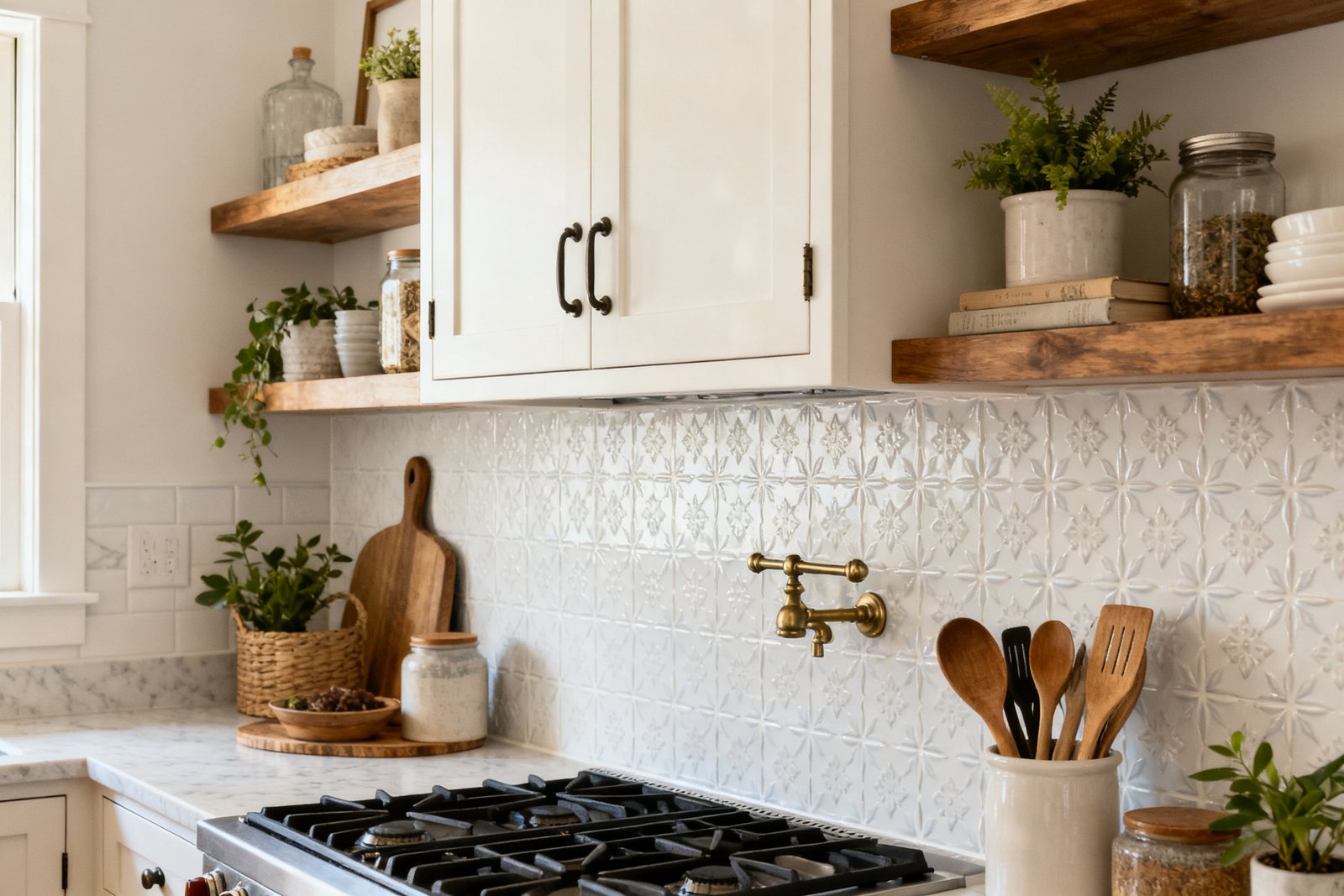 A budget-refreshed kitchen with peel-and-stick backsplash, updated hardware, and styled open shelves, bright