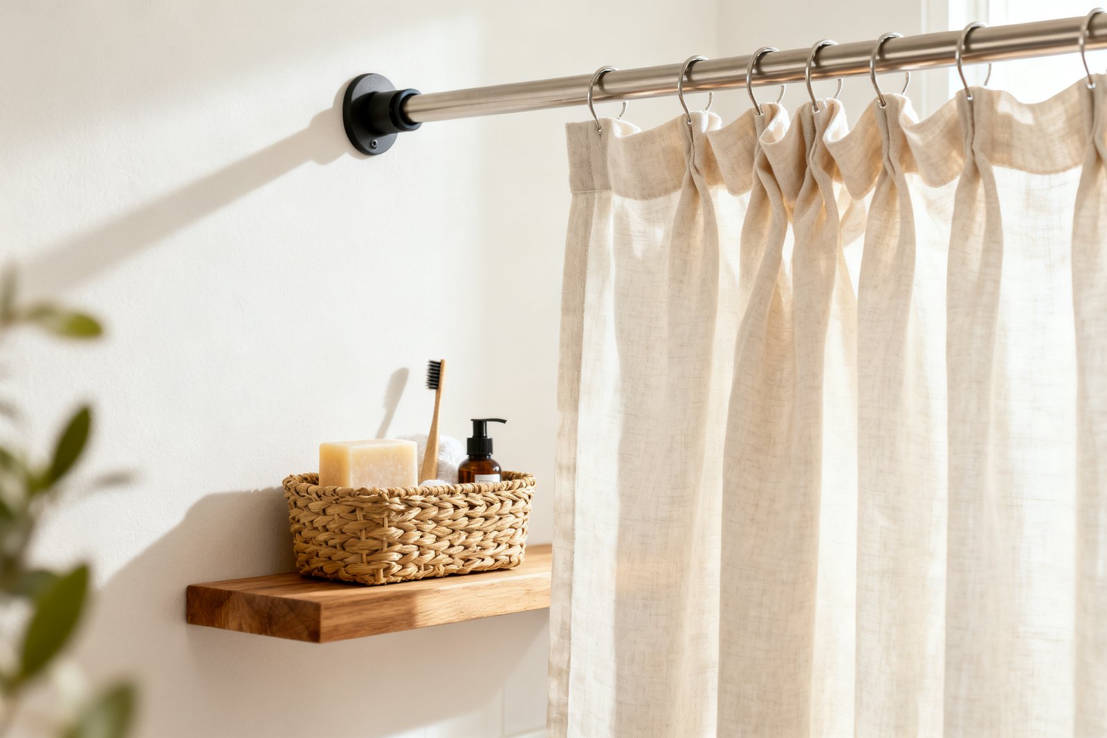 A tension rod with a curtain and a basket of toiletries