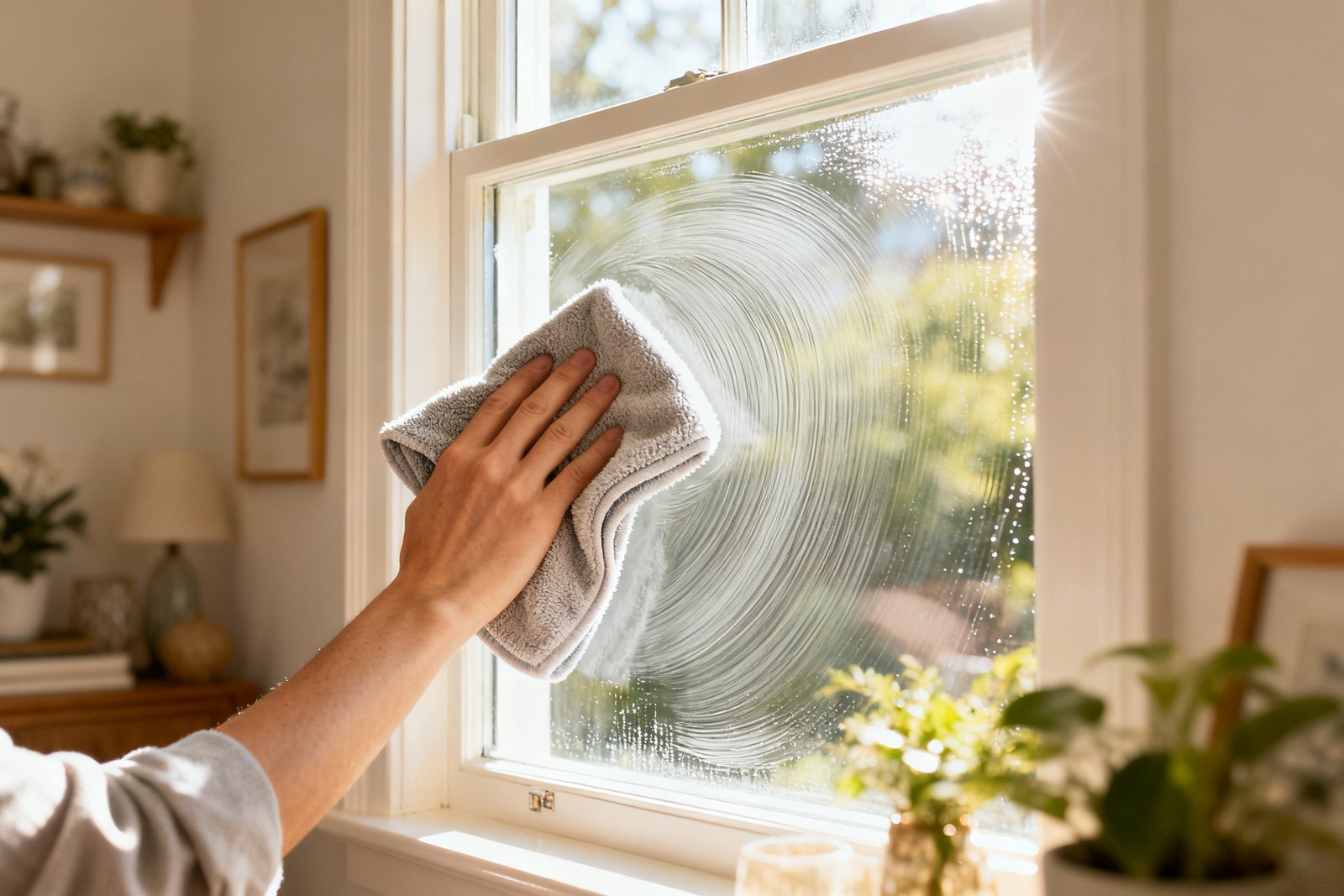 A bright window being wiped to a streak-free shine with a microfiber cloth, clean and sparkling with natural l