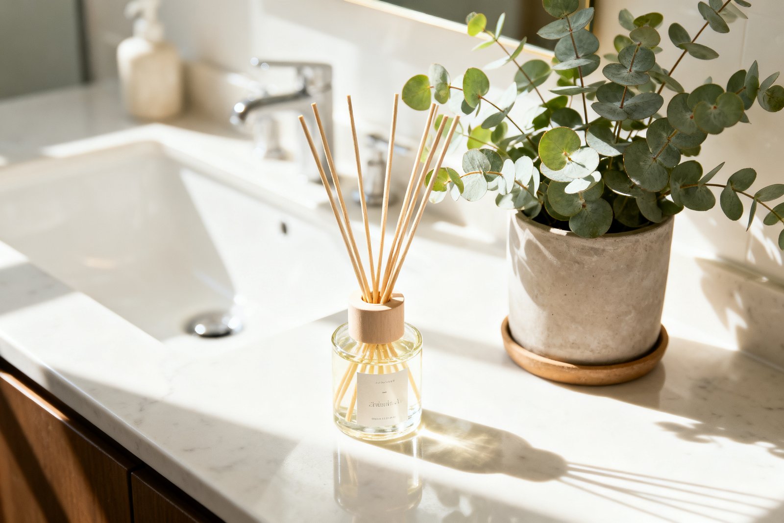A reed diffuser and a potted eucalyptus plant on a bathroom counter