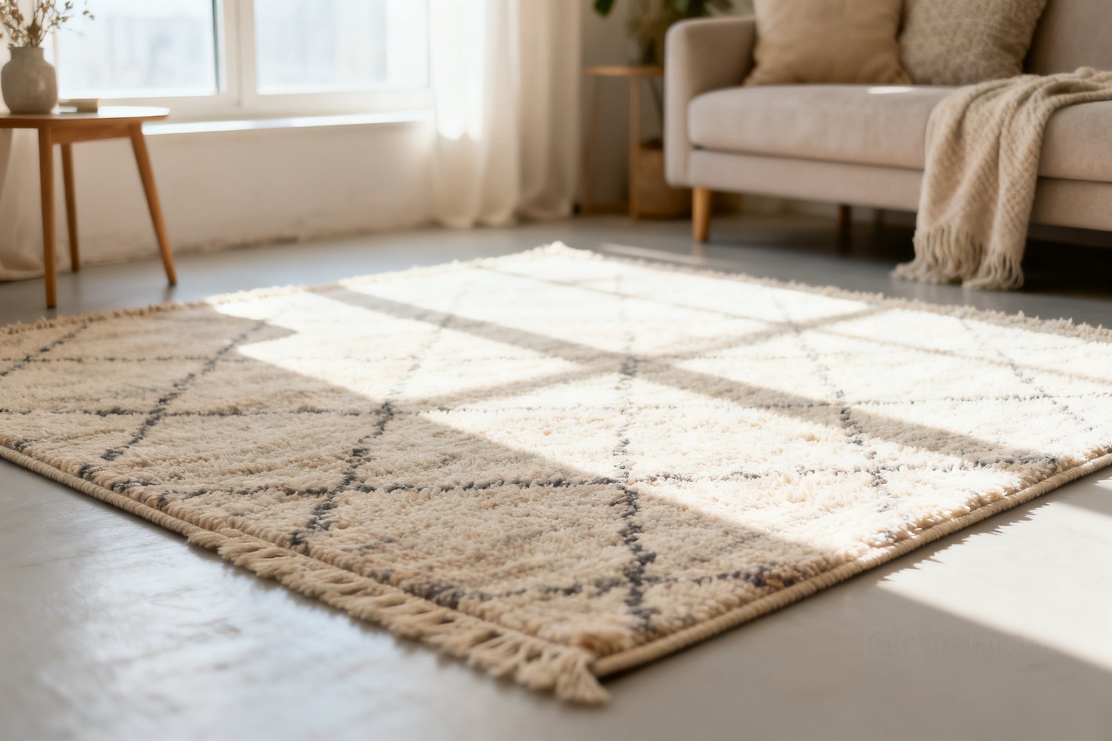 A rug defining a small living zone in a studio