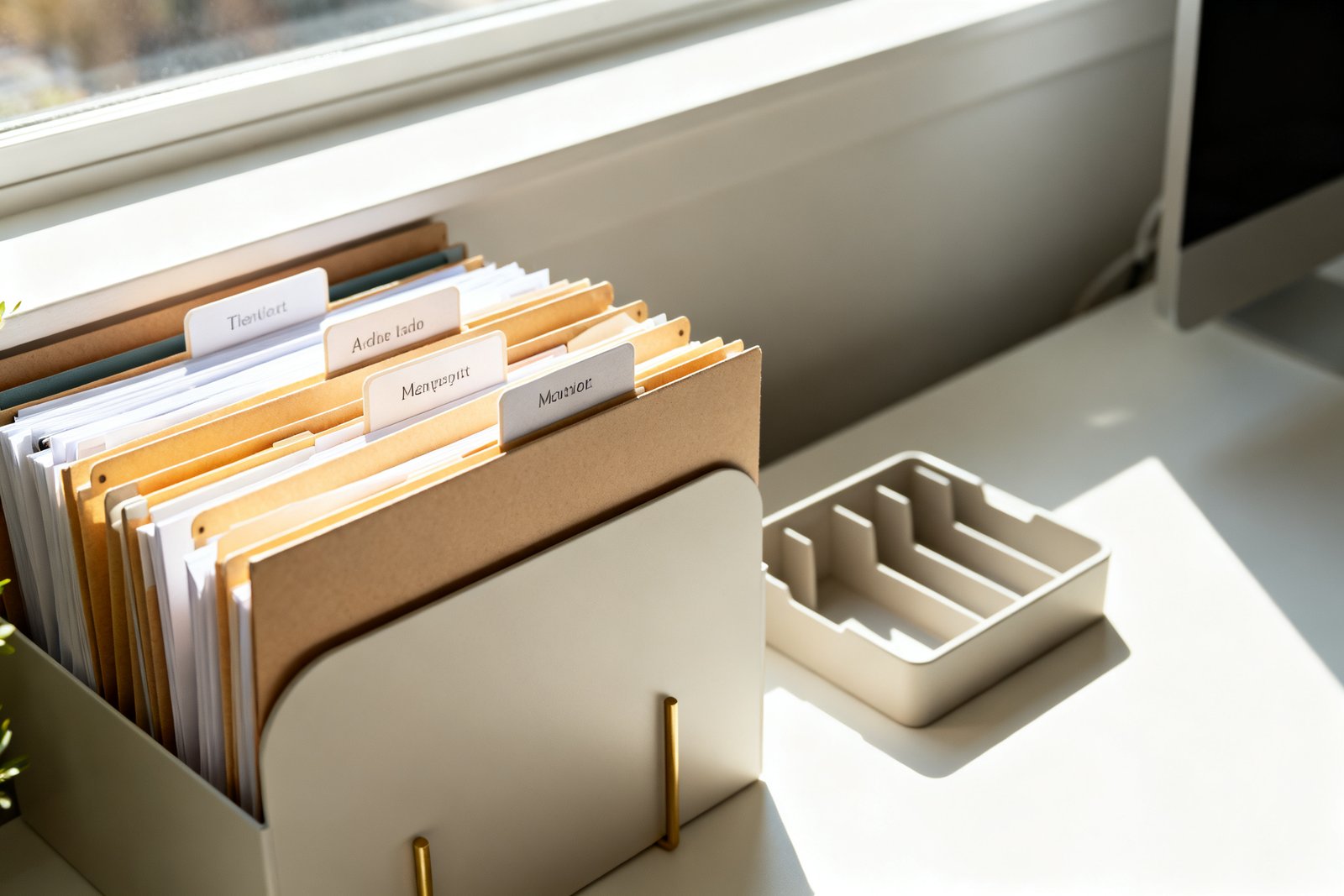 A tidy home paperwork station with labeled folders, a small sorter tray, and a clean desk surface, organized a