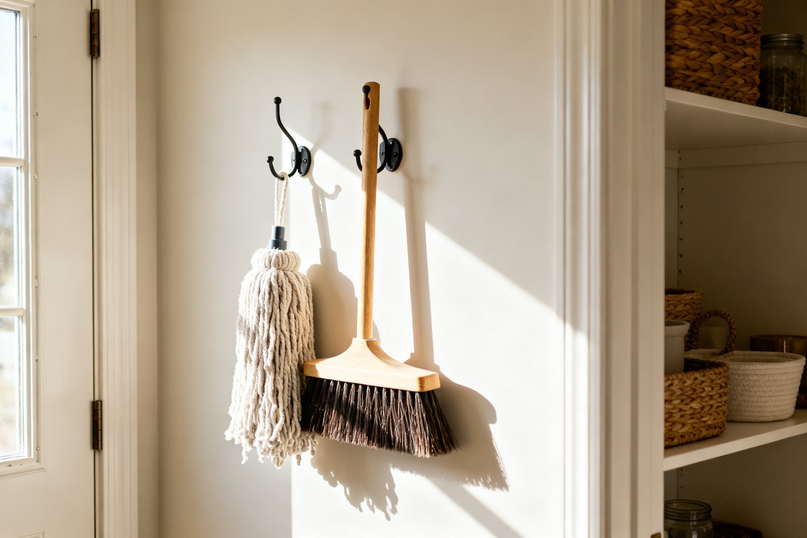 A mop and broom hung on wall hooks in a closet
