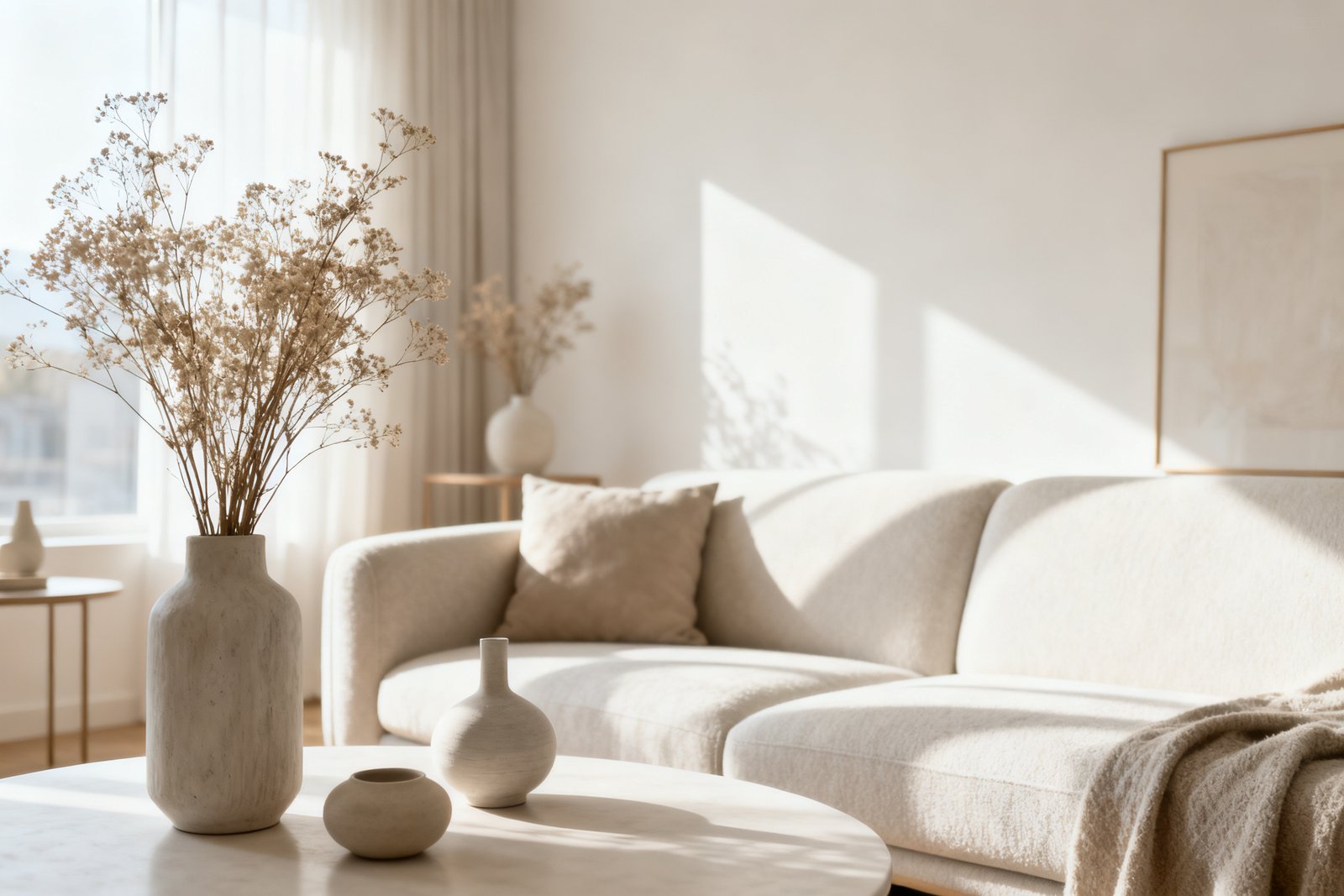 A serene minimalist living room with a few curated décor pieces, neutral palette, airy and calm