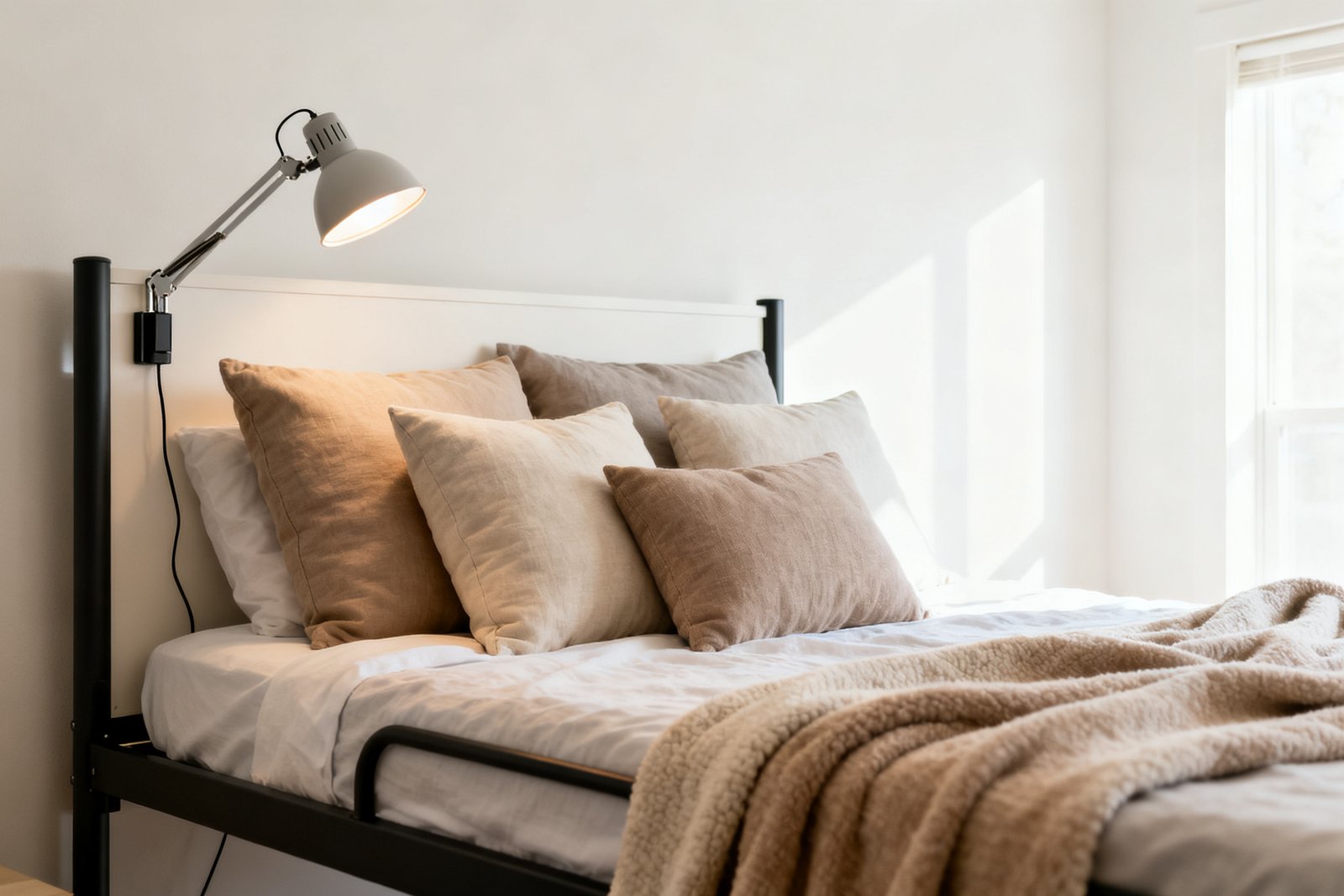 A dorm bed styled with pillows, a throw, and clip-on reading light