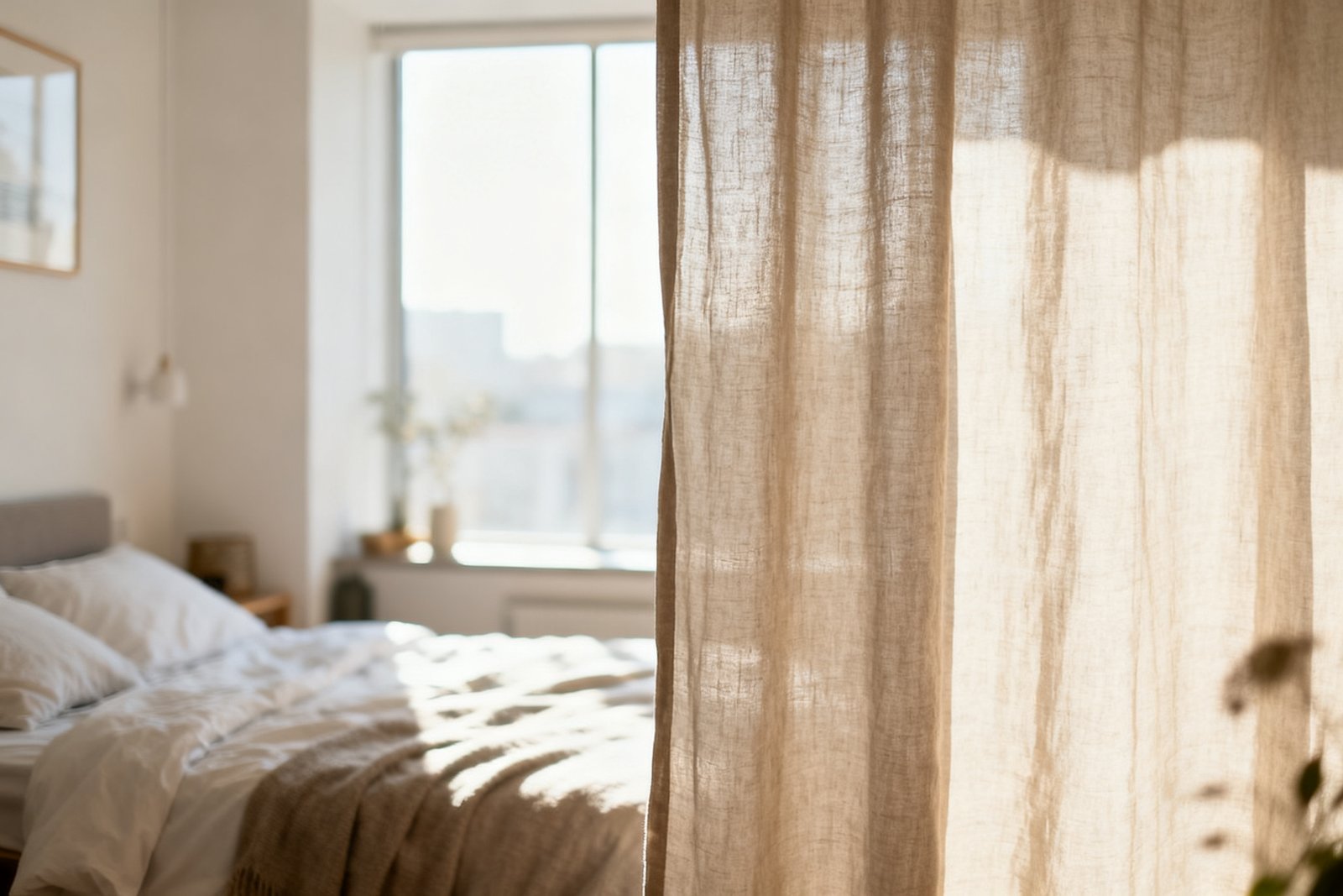 A curtain separating a sleeping nook in a studio apartment