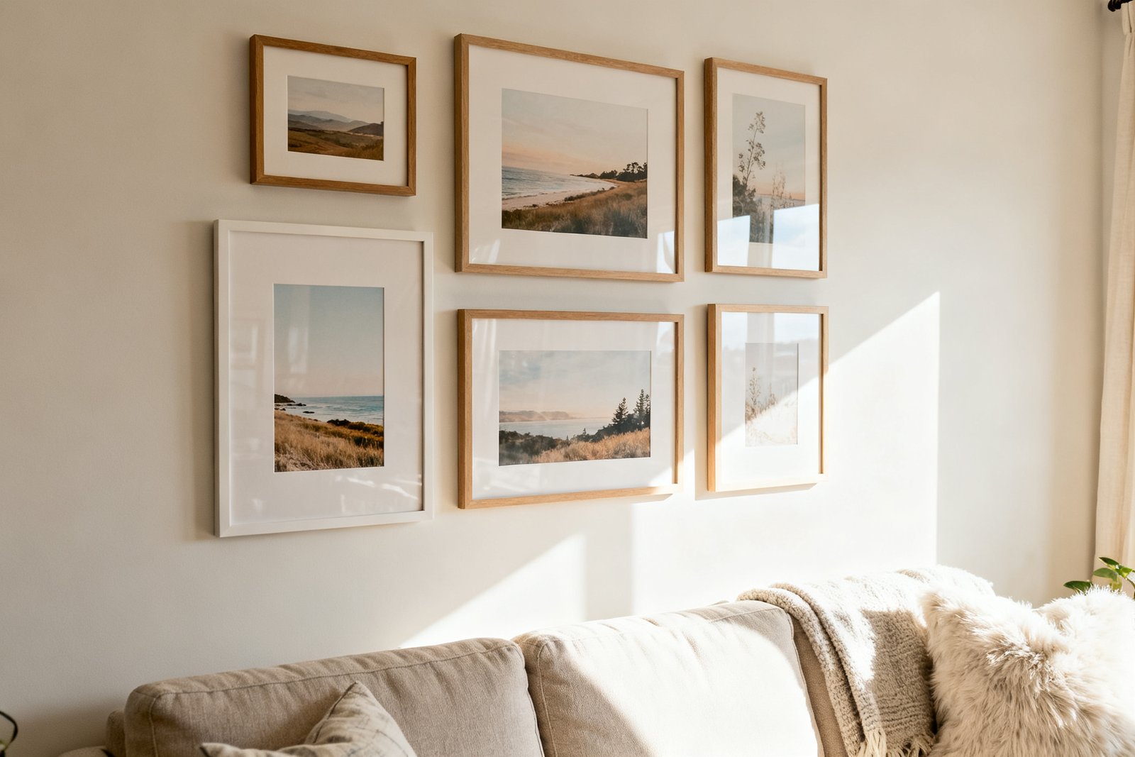 A gallery wall arrangement of framed prints above a sofa