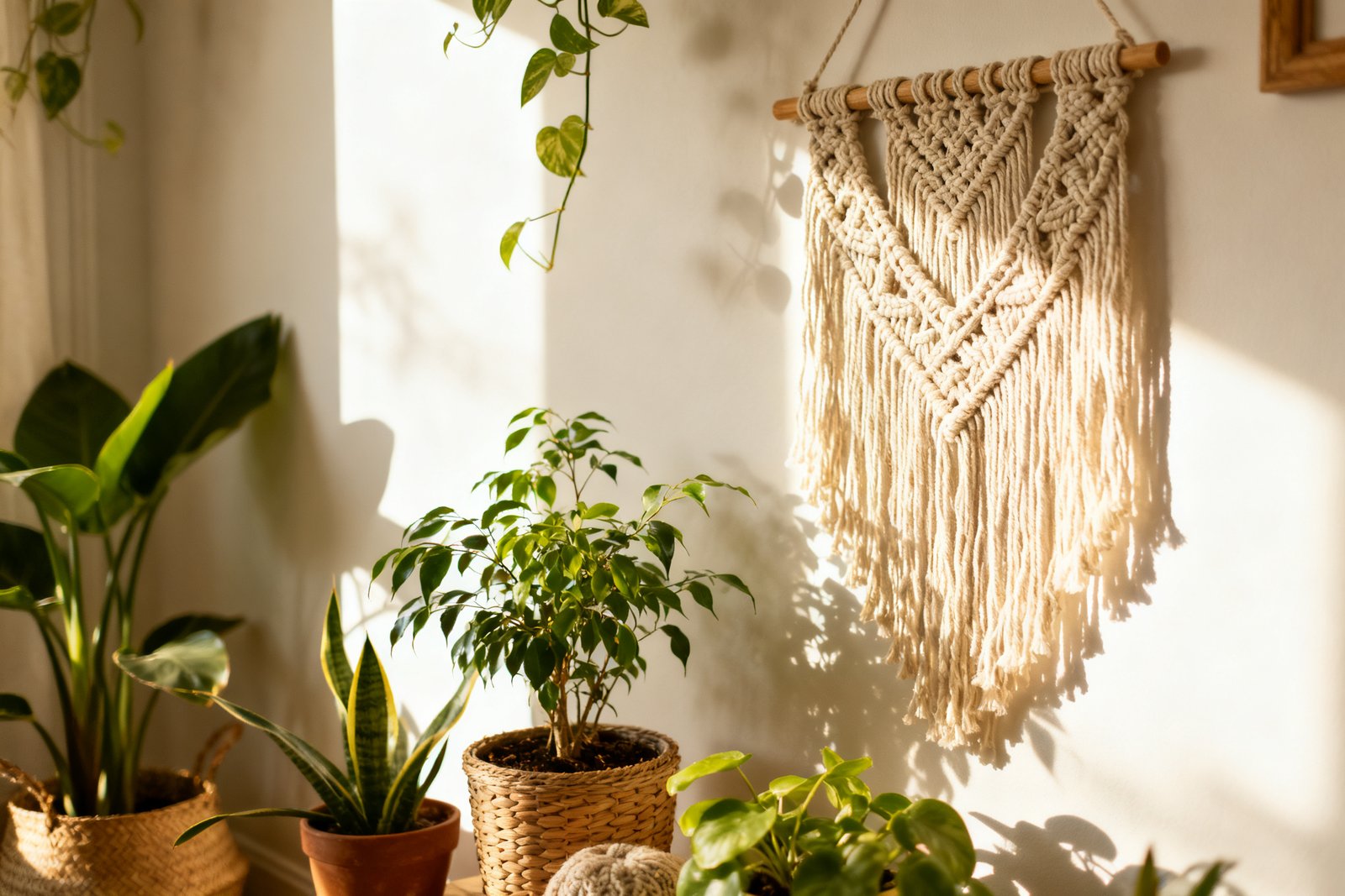 A boho corner styled with a macramé hanging and plants