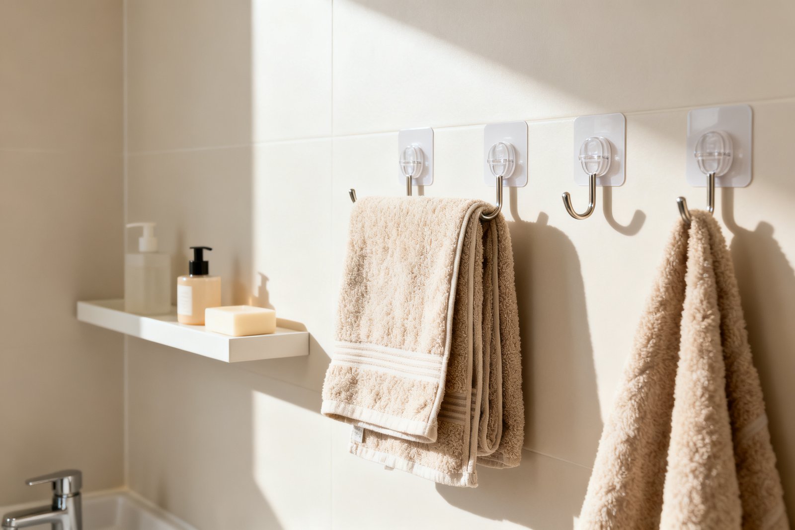 Adhesive hooks holding towels and a small shelf on a bathroom wall