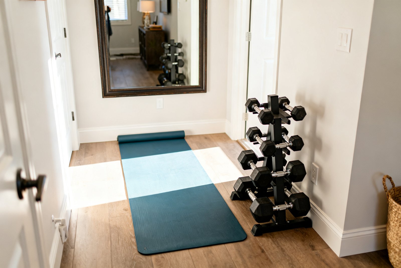 A compact home gym corner in a small apartment with a yoga mat, dumbbells on a rack, and a wall mirror, bright