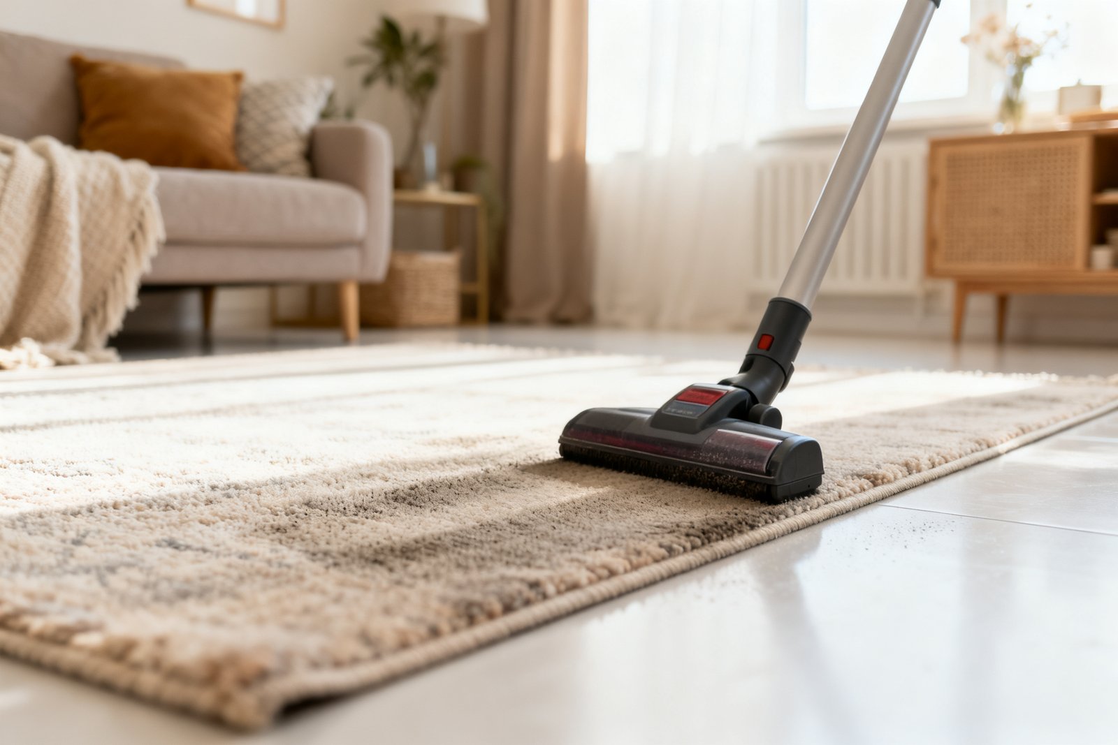 A freshly vacuumed rug on a spotless floor in a cozy room