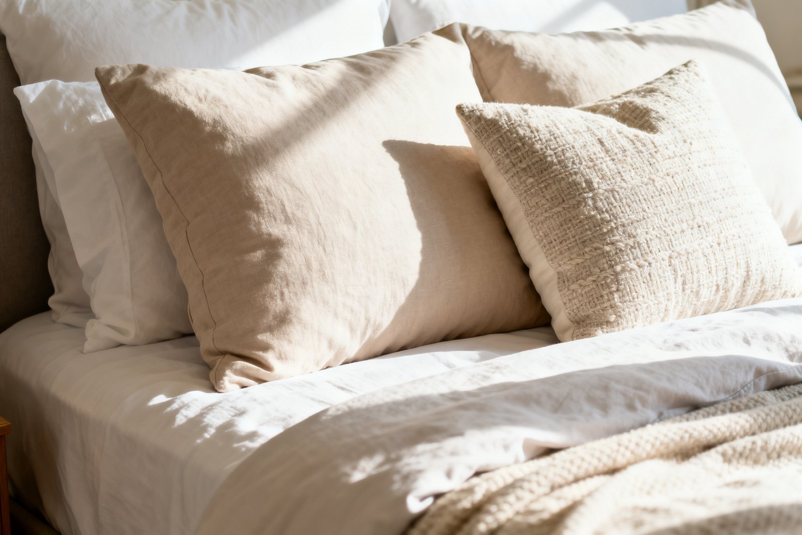A bed layered with a duvet, euro shams, and accent pillows