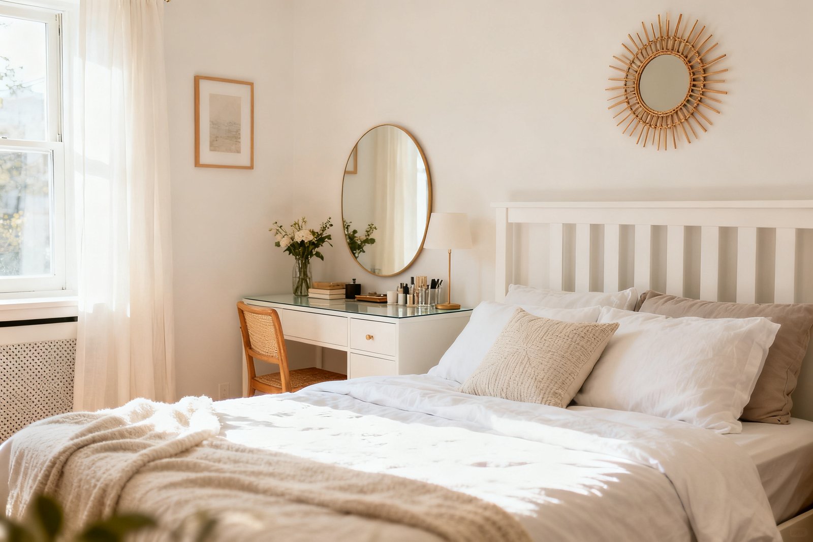 A tidy, clutter-free bedroom with a neatly made bed, clear surfaces, and soft natural light