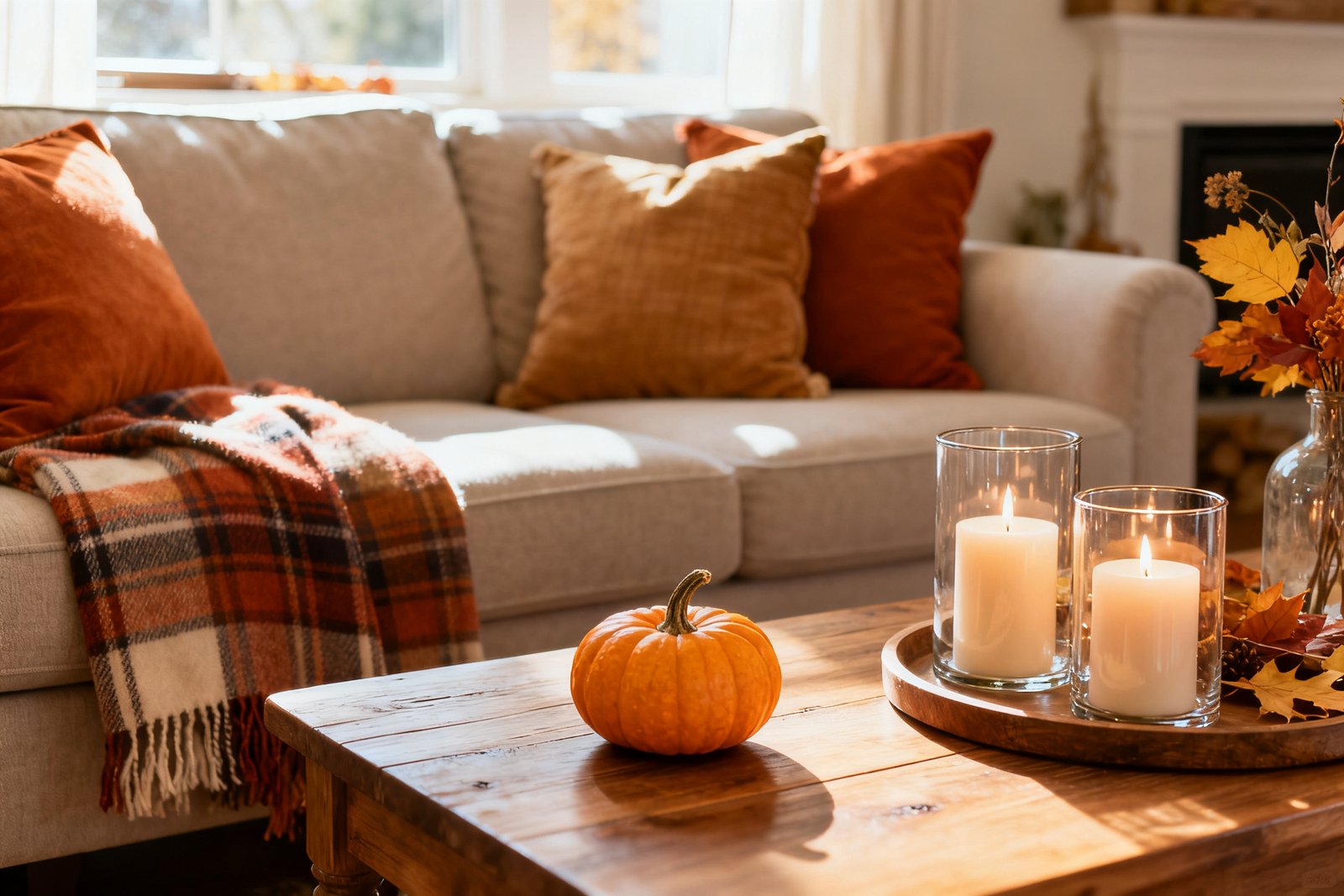A cozy fall living room with warm-toned throw pillows, a plaid blanket, candles, and a small pumpkin, inviting