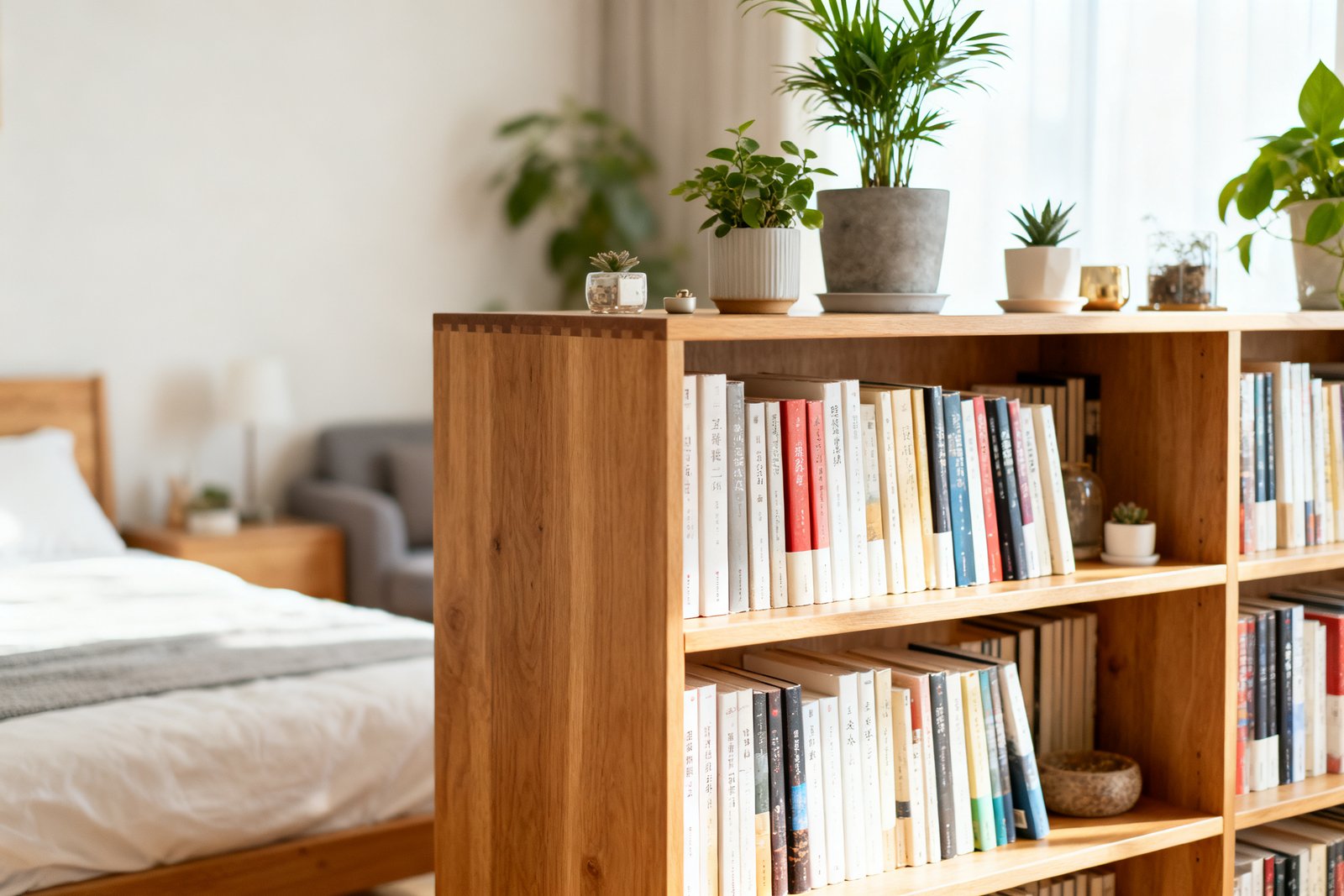 A bookshelf used as a room divider between the bed and living area