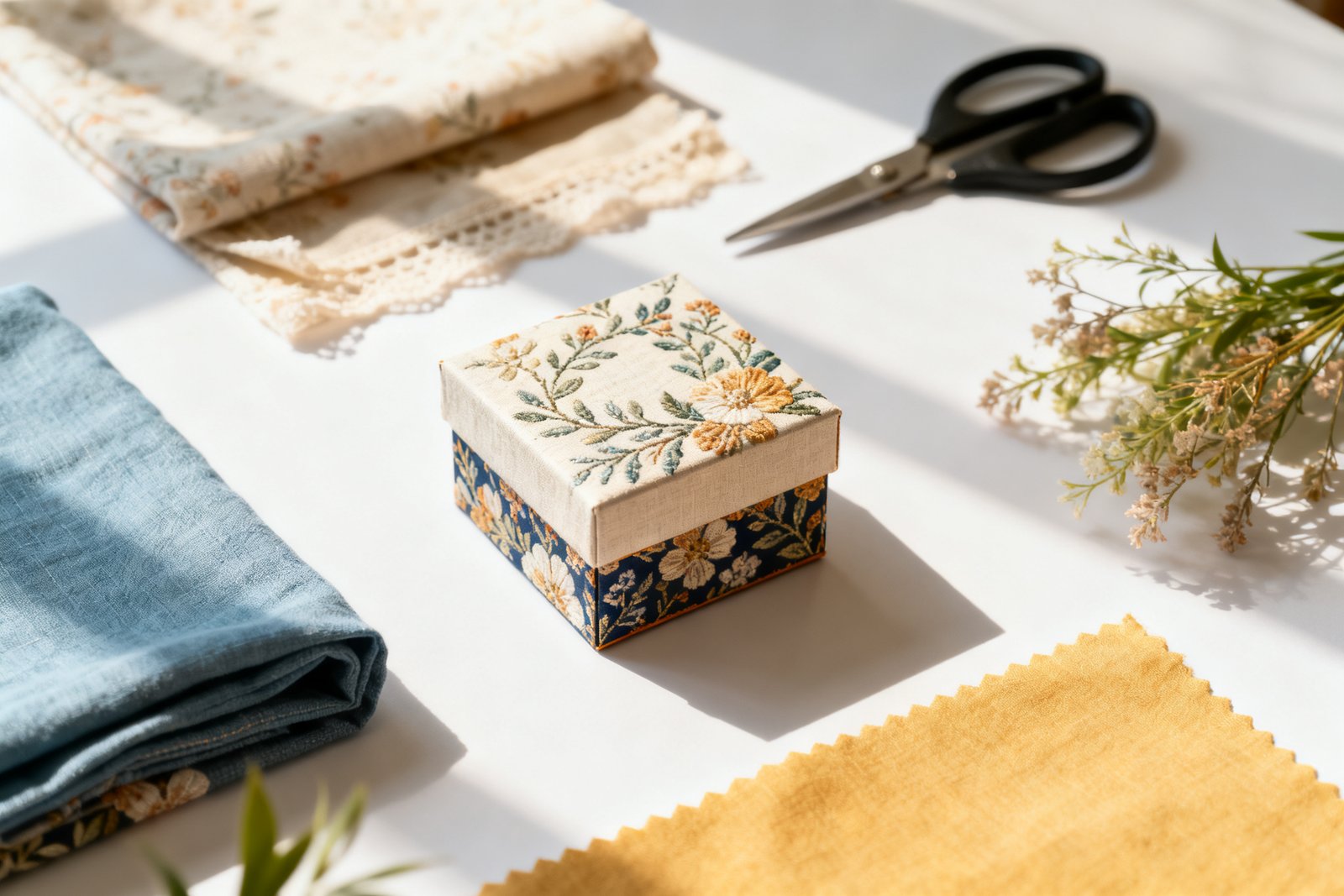 A flat lay of craft supplies, fabric, and a finished decorative box