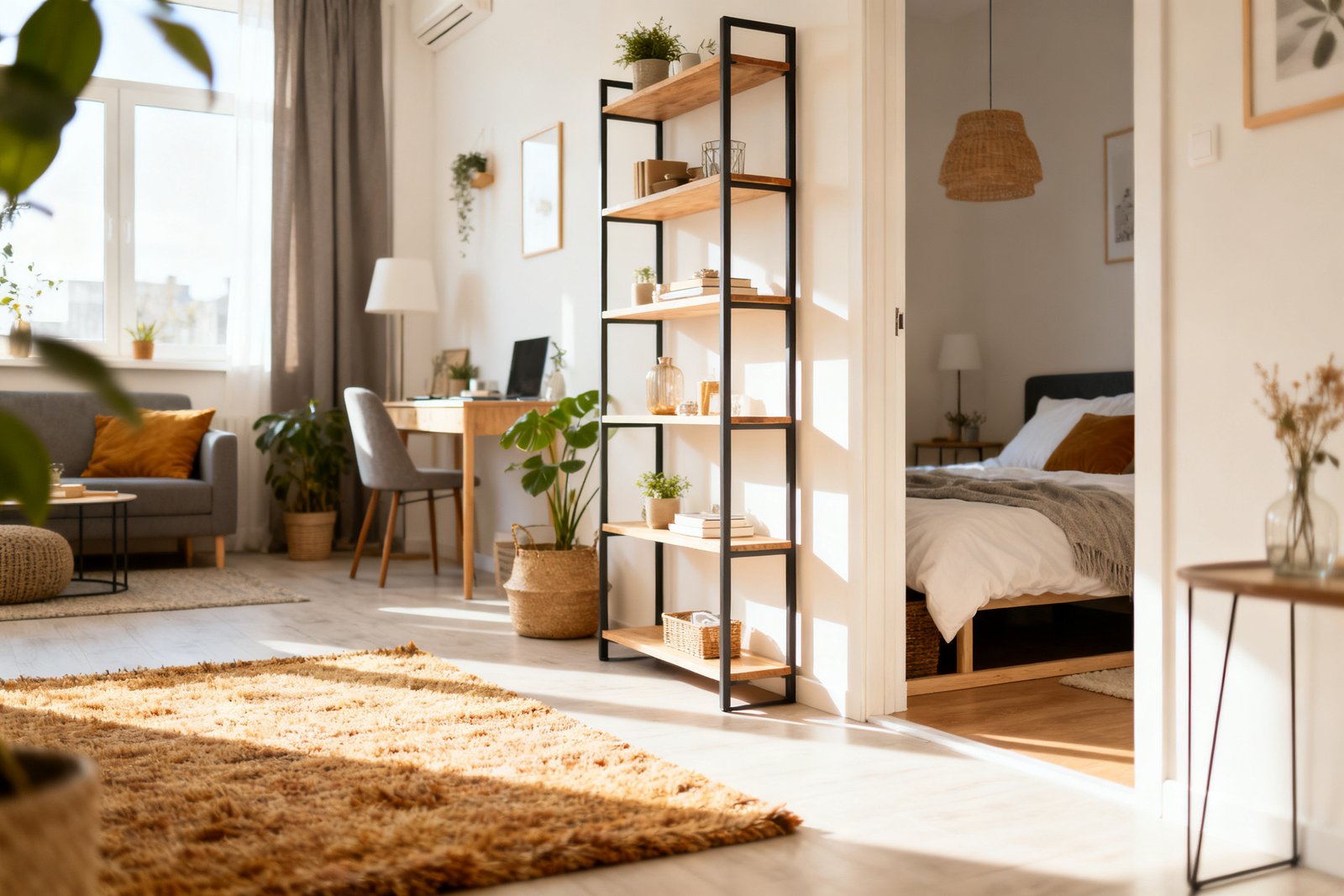 A small studio apartment divided into cozy zones with a rug, a shelf divider, and a bed nook, bright