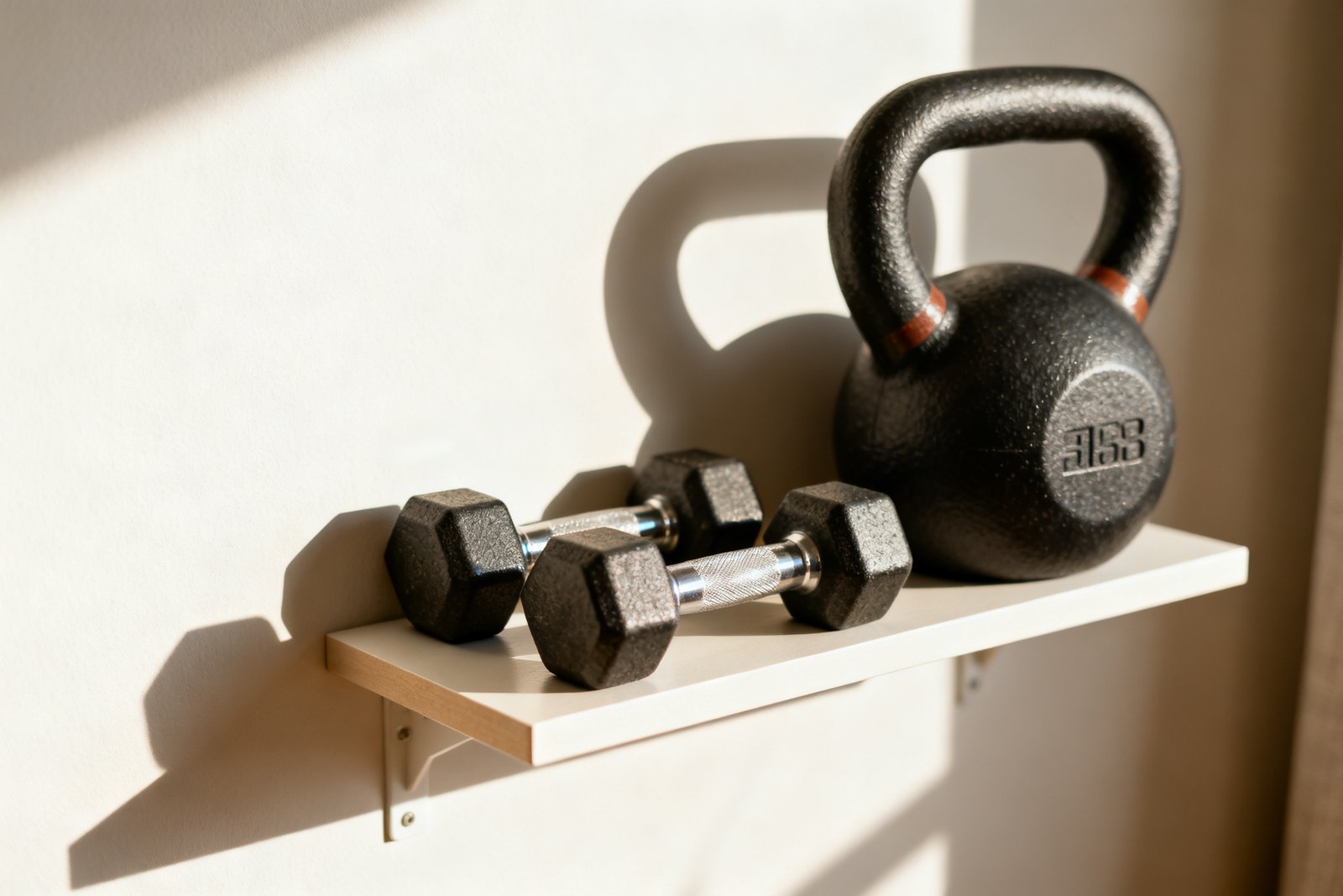 Dumbbells and a kettlebell neatly arranged on a small shelf