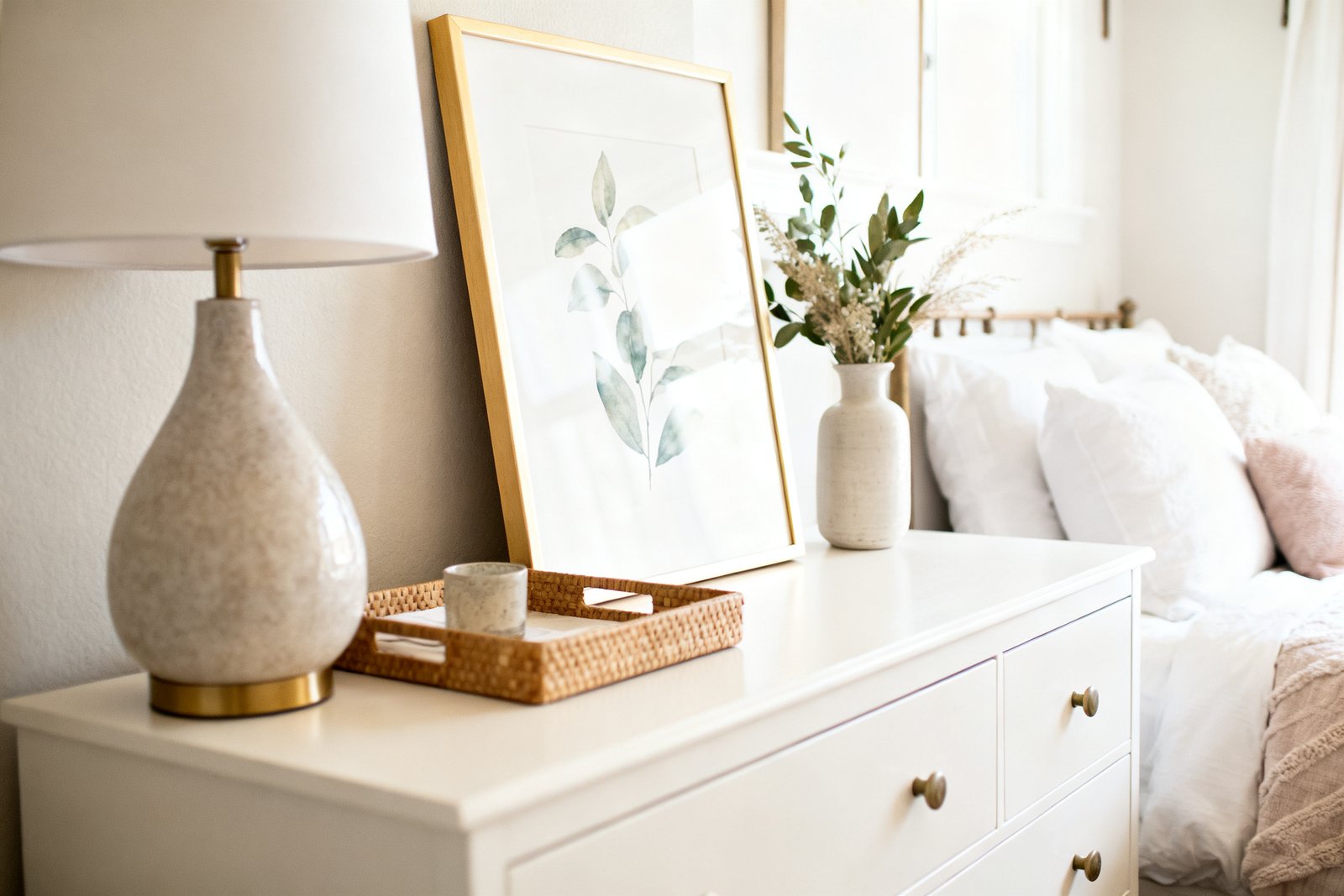 A beautifully styled dresser top with a lamp, tray, vase, and framed art in a bright bedroom