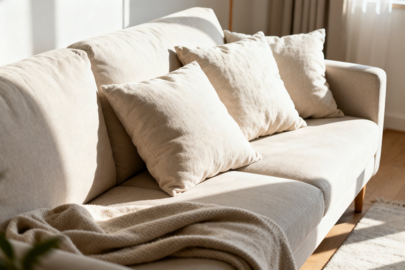 A neatly arranged sofa with fluffed pillows and a throw
