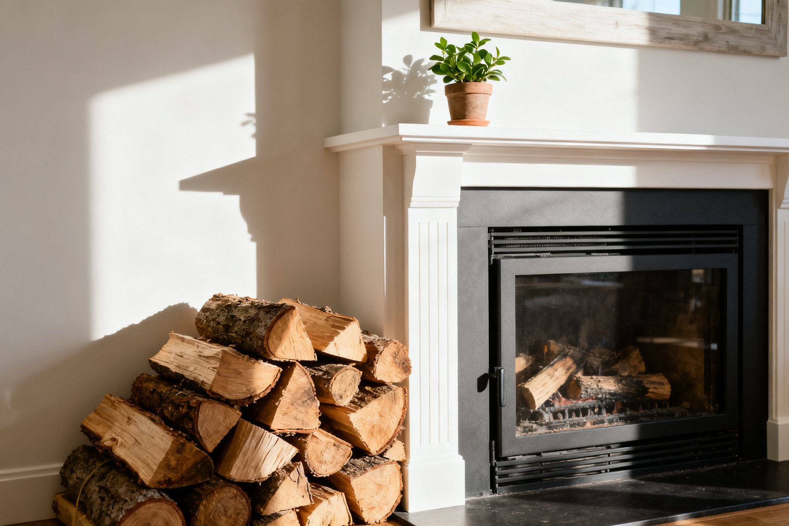 A cozy fireplace vignette with stacked wood and a plant