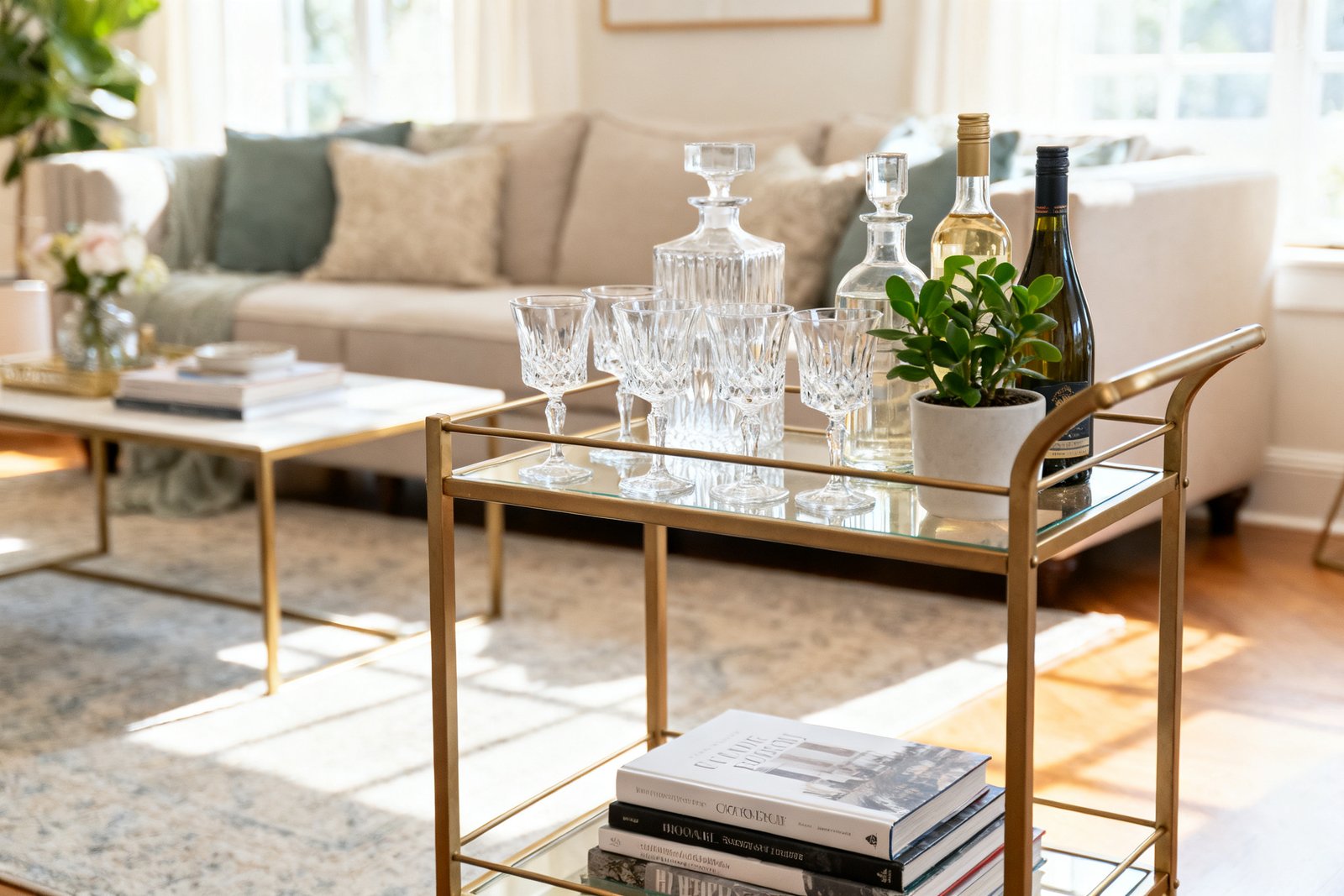 A stylish budget bar cart styled with glassware, a few bottles, a small plant, and a stack of coffee table boo