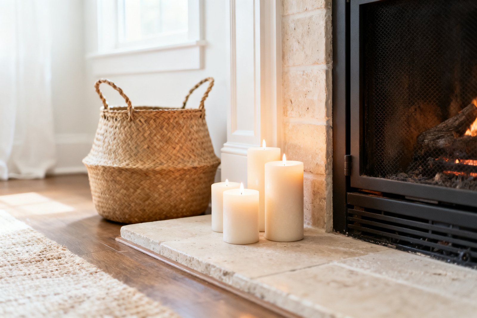 A styled fireplace hearth with candles and a woven basket
