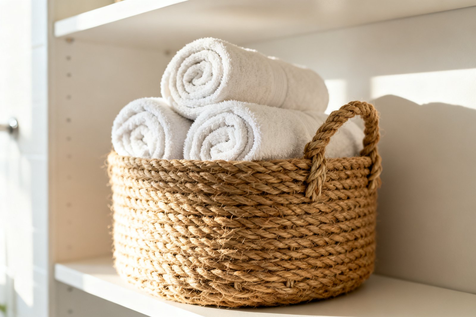 A finished rope basket filled with rolled towels on a shelf