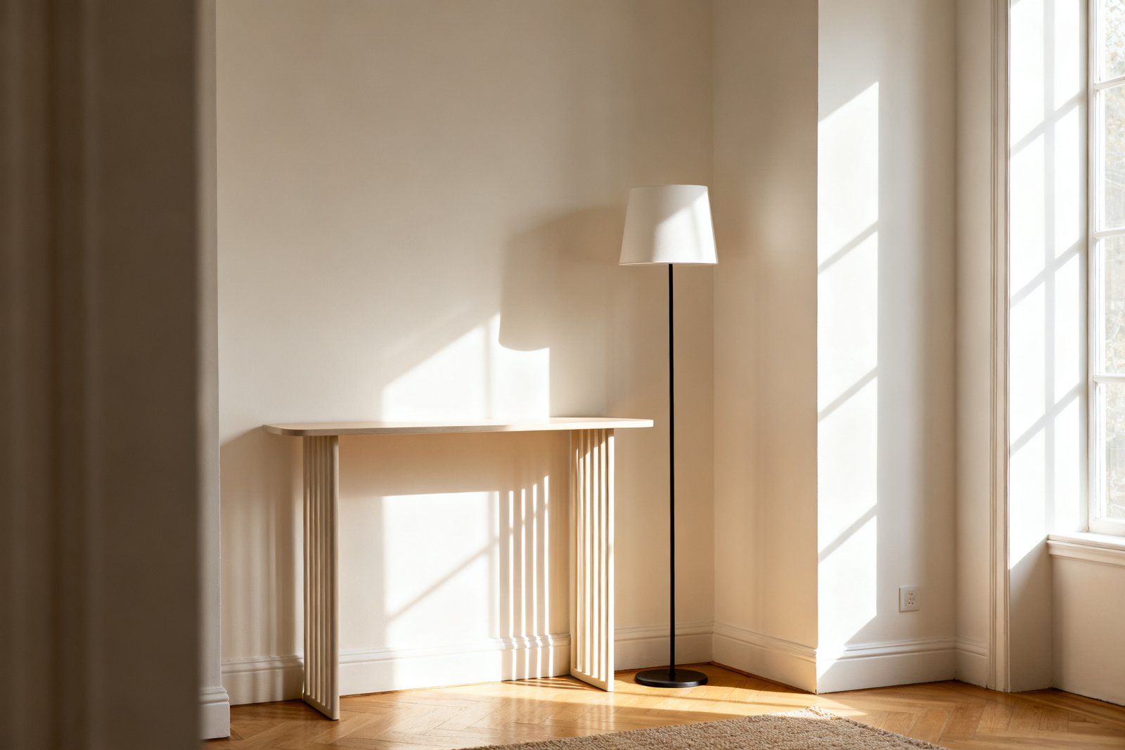 A slim console and floor lamp maximizing a small space