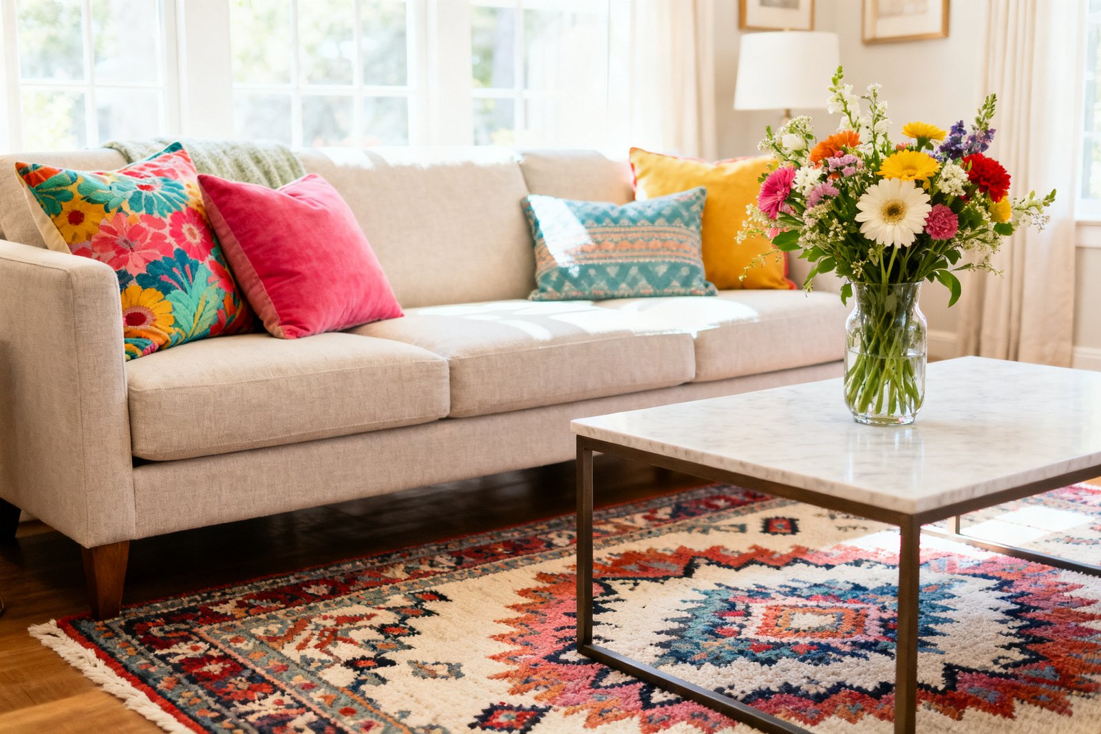 A bright neutral living room brought to life with colorful throw pillows, a patterned rug, and a vase of flowe
