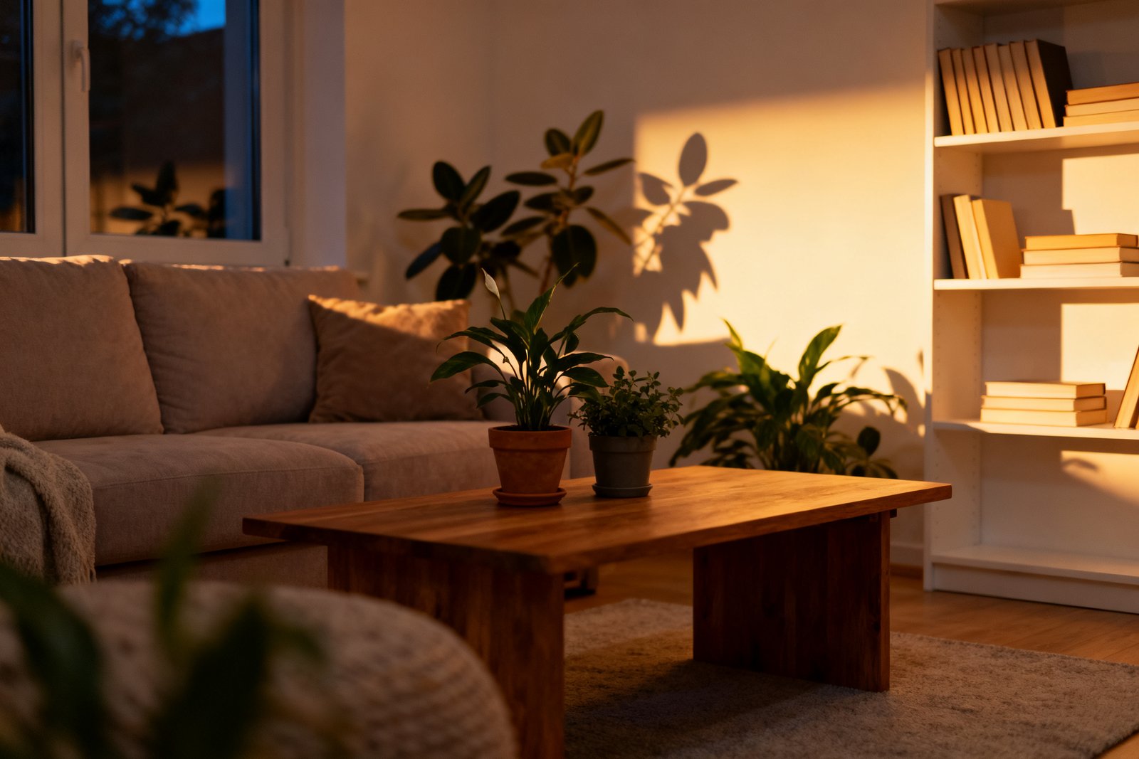 A relaxed evening living room with dimmed, warm lighting