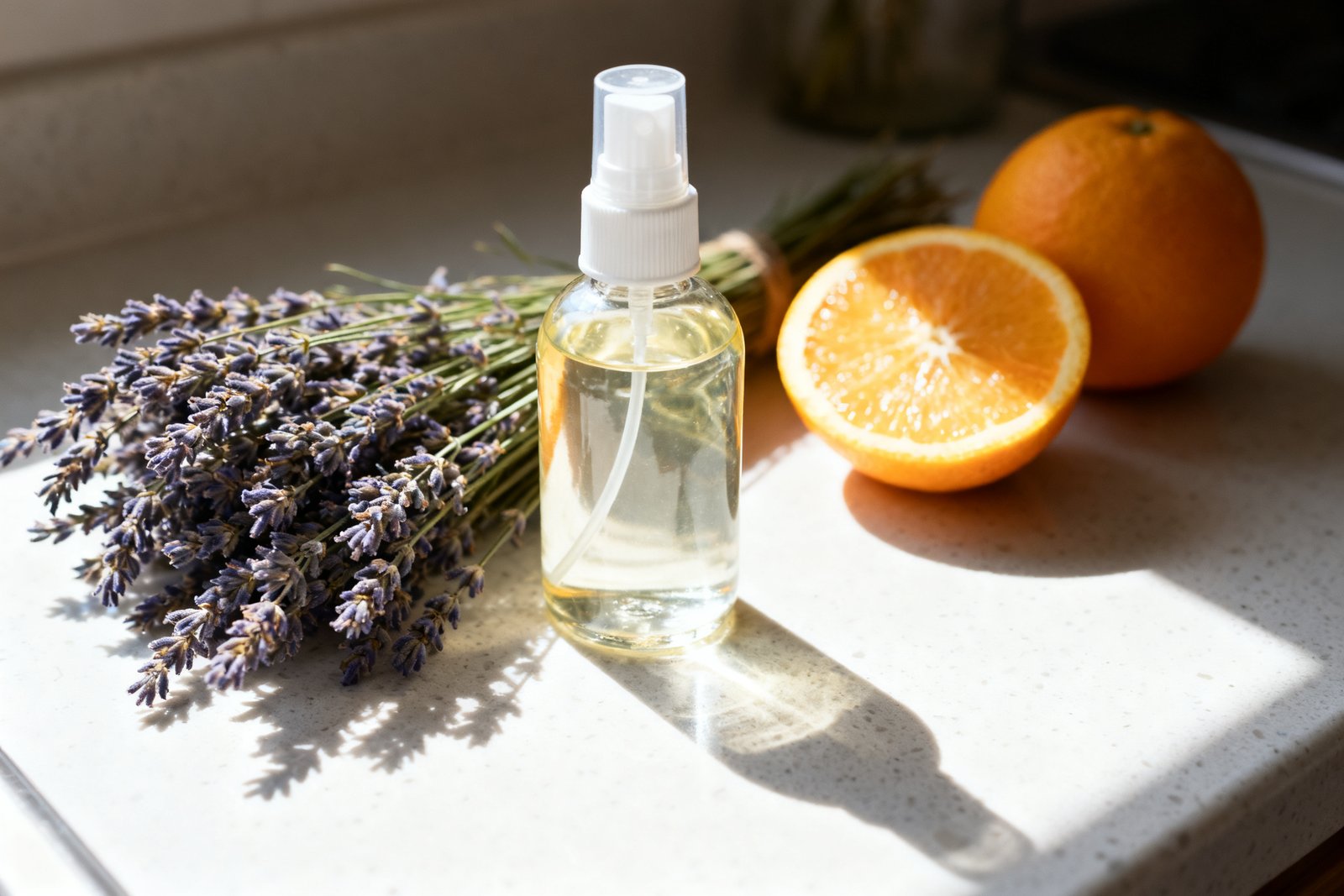 A homemade room spray bottle beside dried lavender and citrus on a counter
