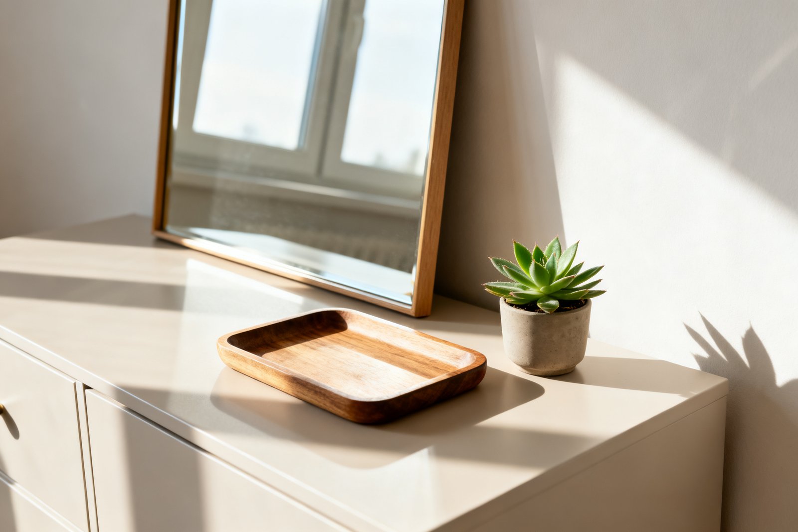 A dresser top with a mirror, tray, and small plant