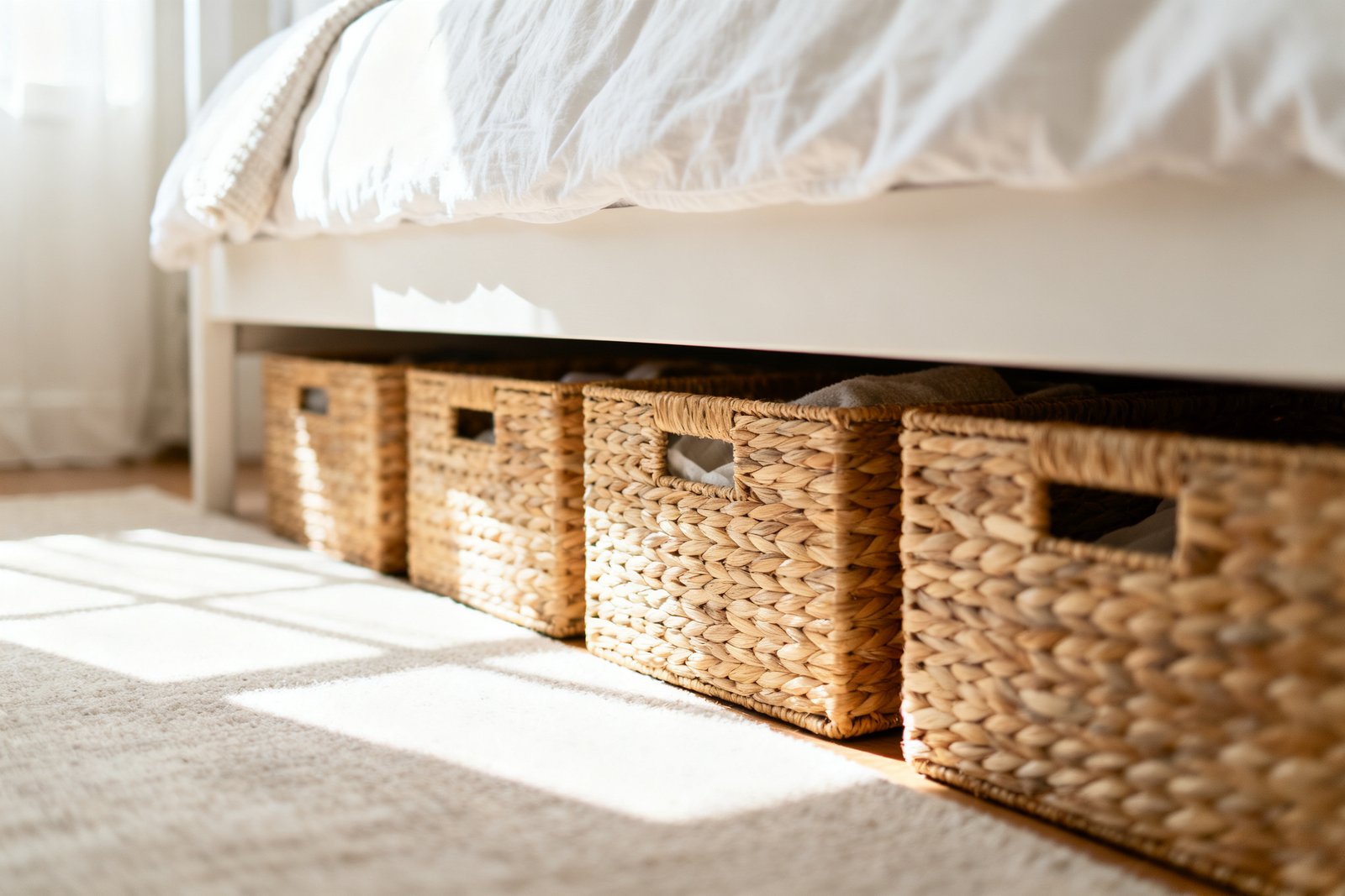 Under-bed storage baskets tucked neatly away