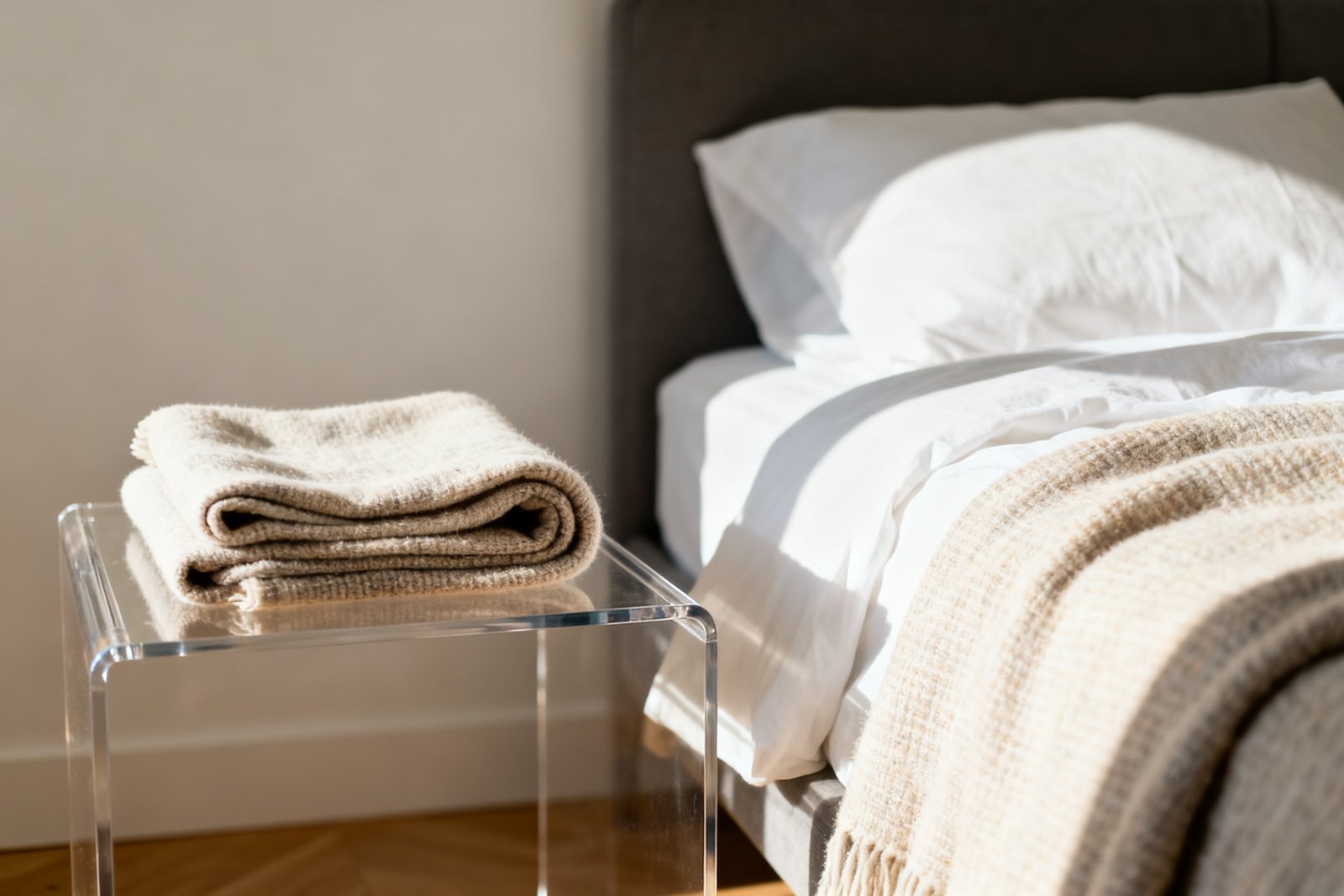 A neatly made bed with a folded throw and a clear nightstand