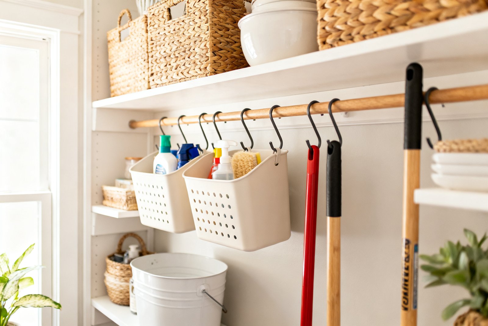 An organized cleaning-supply closet with labeled caddies and hanging tools, tidy and bright