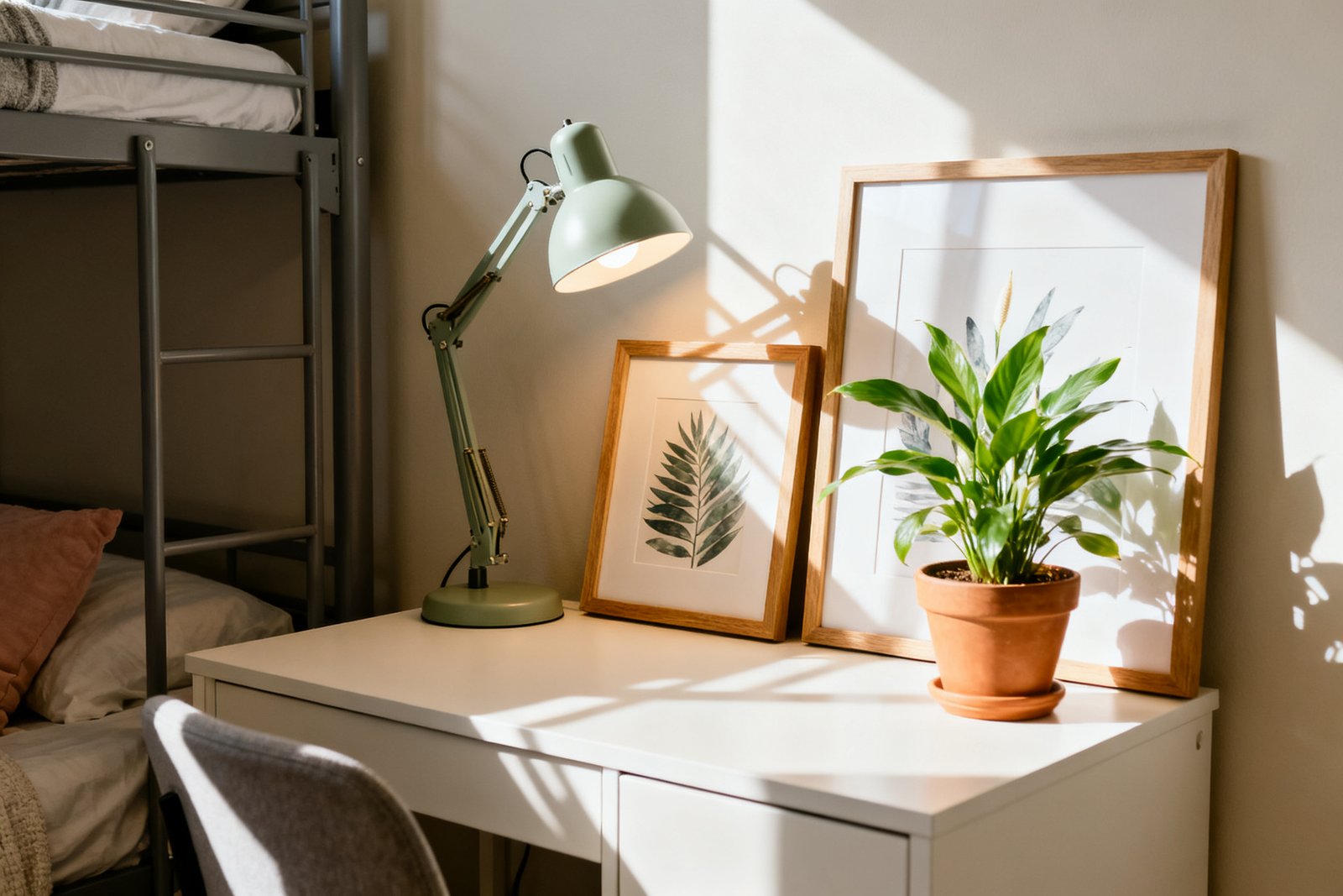 A small desk with a lamp, plant, and framed prints in a dorm