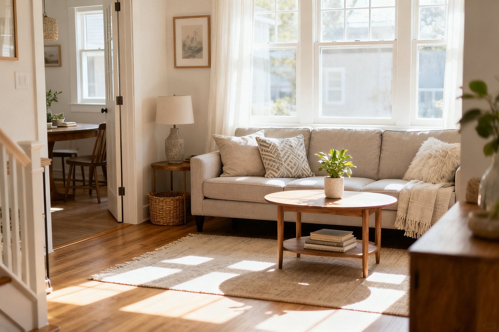 A well-arranged small living room with clear walkways