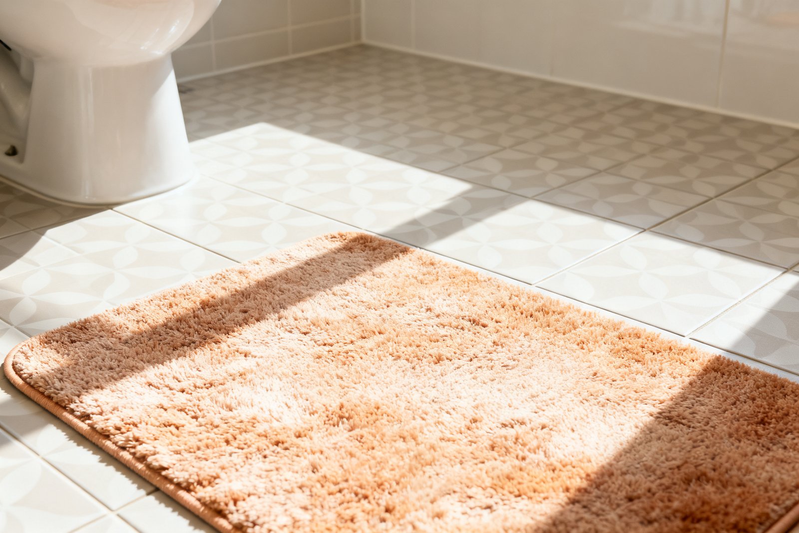 Peel-and-stick floor tiles and a bath mat in a small rental bathroom