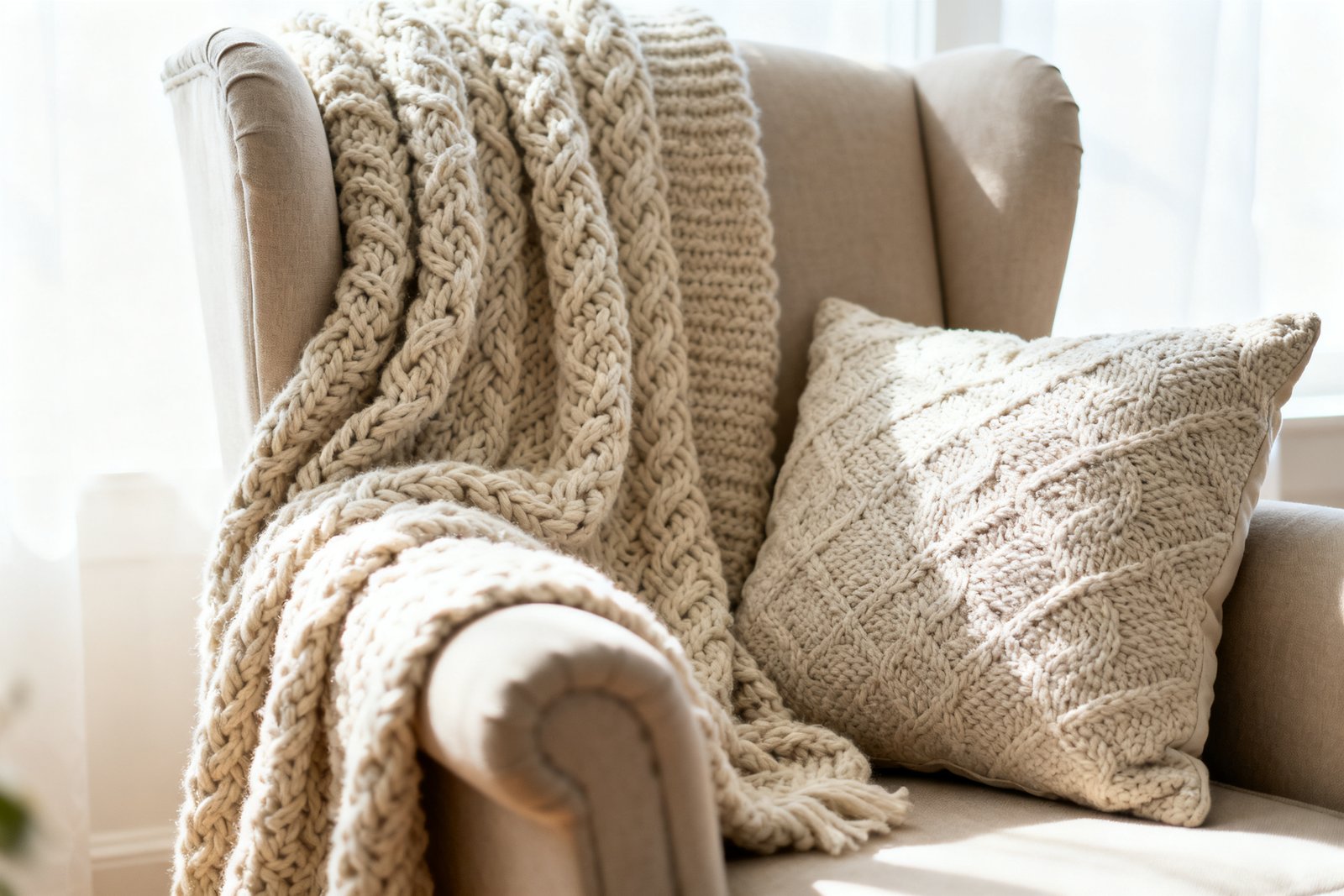A chunky knit throw draped over an armchair with textured pillows