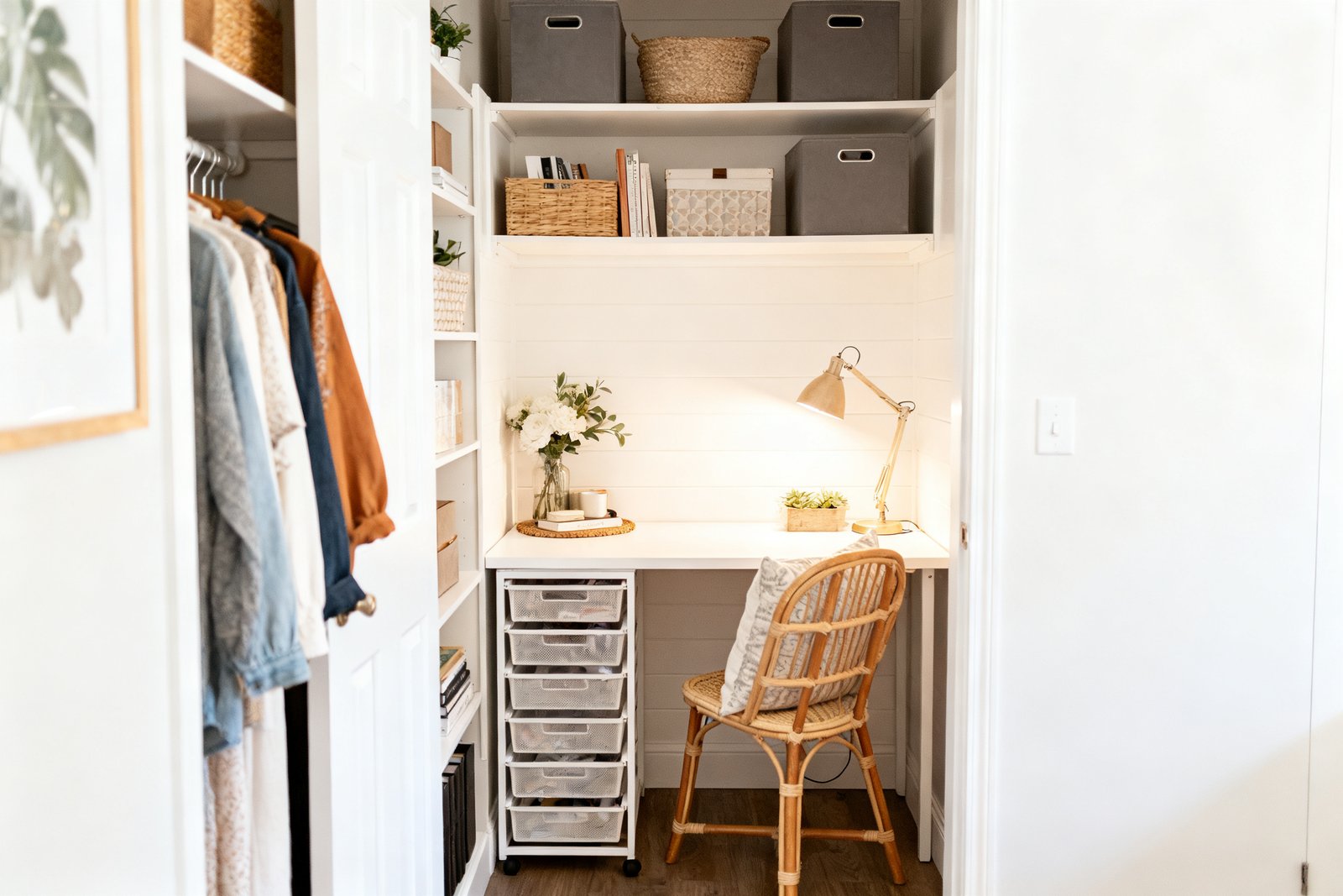 A small home office built inside a closet with a desk, shelves, and organizers, bright and tidy