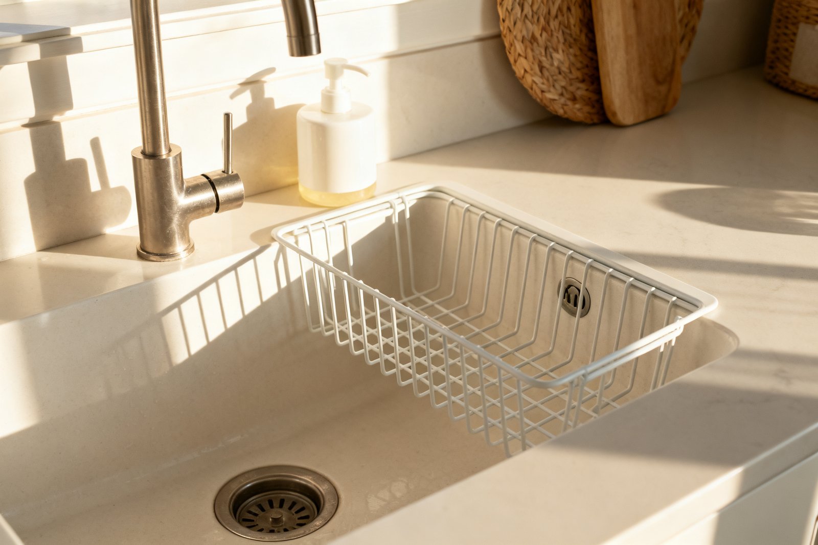 An empty sink with a neatly arranged dish rack and soap dispenser