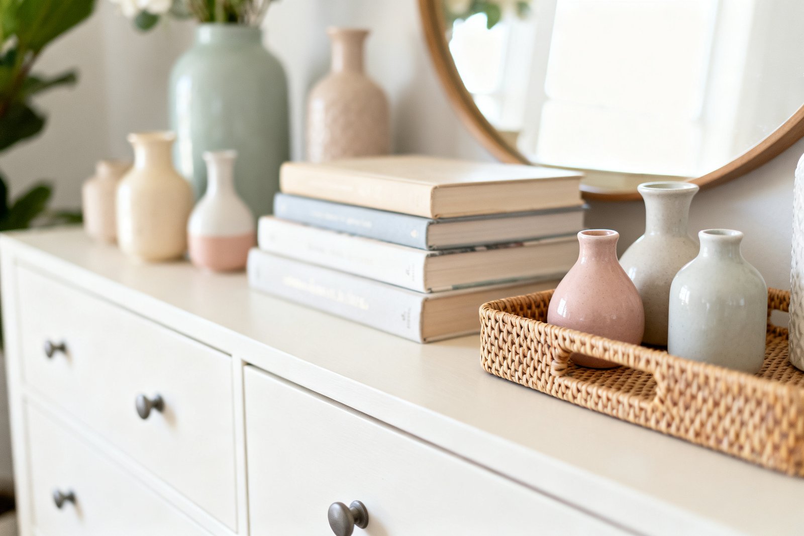 A tidy dresser styled with layered décor pieces