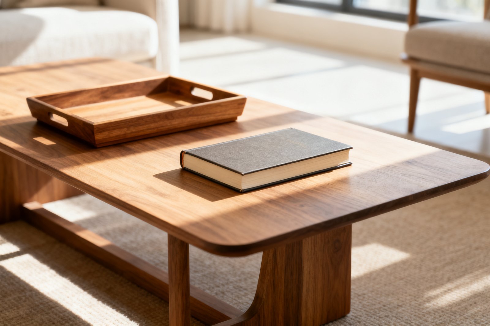 A decluttered coffee table with a single tray and a book