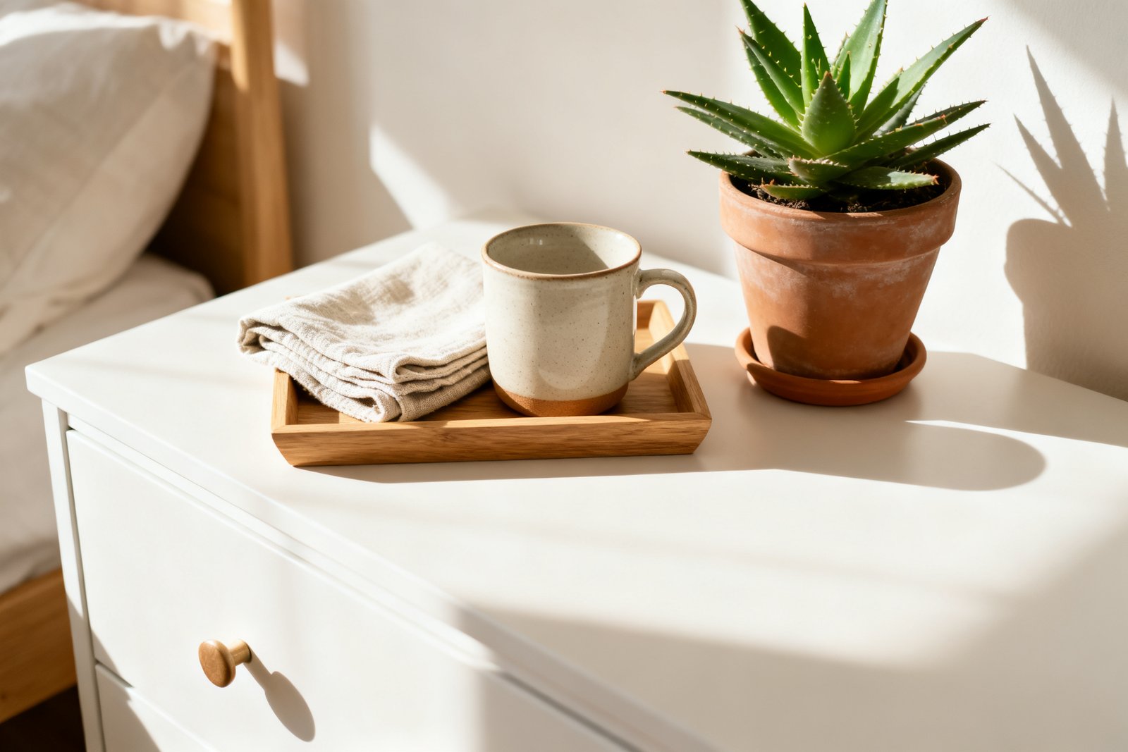 A clutter-free dresser top with a small tray and a plant