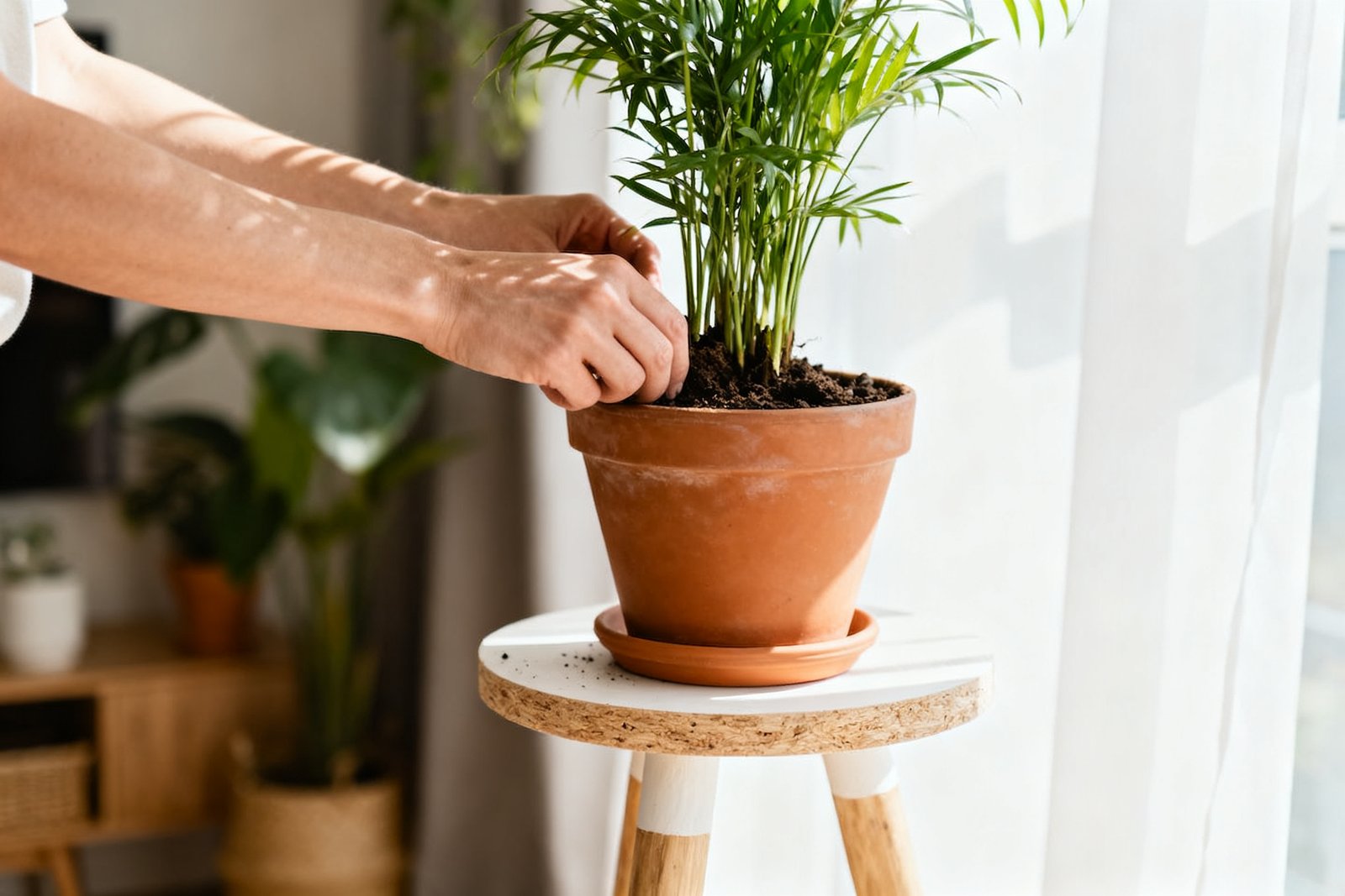 Hands potting a plant onto a DIY stand